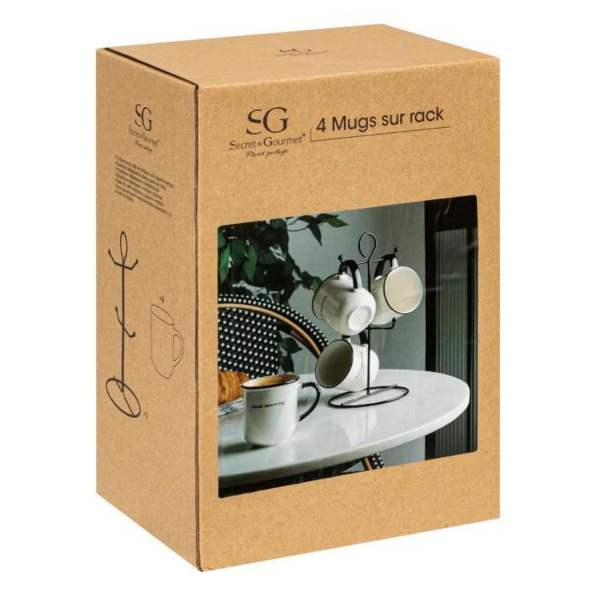 SECRET DE GOURMET Lot de 4 Mugs sur Rack  Alix  20cl Blanc & Noir