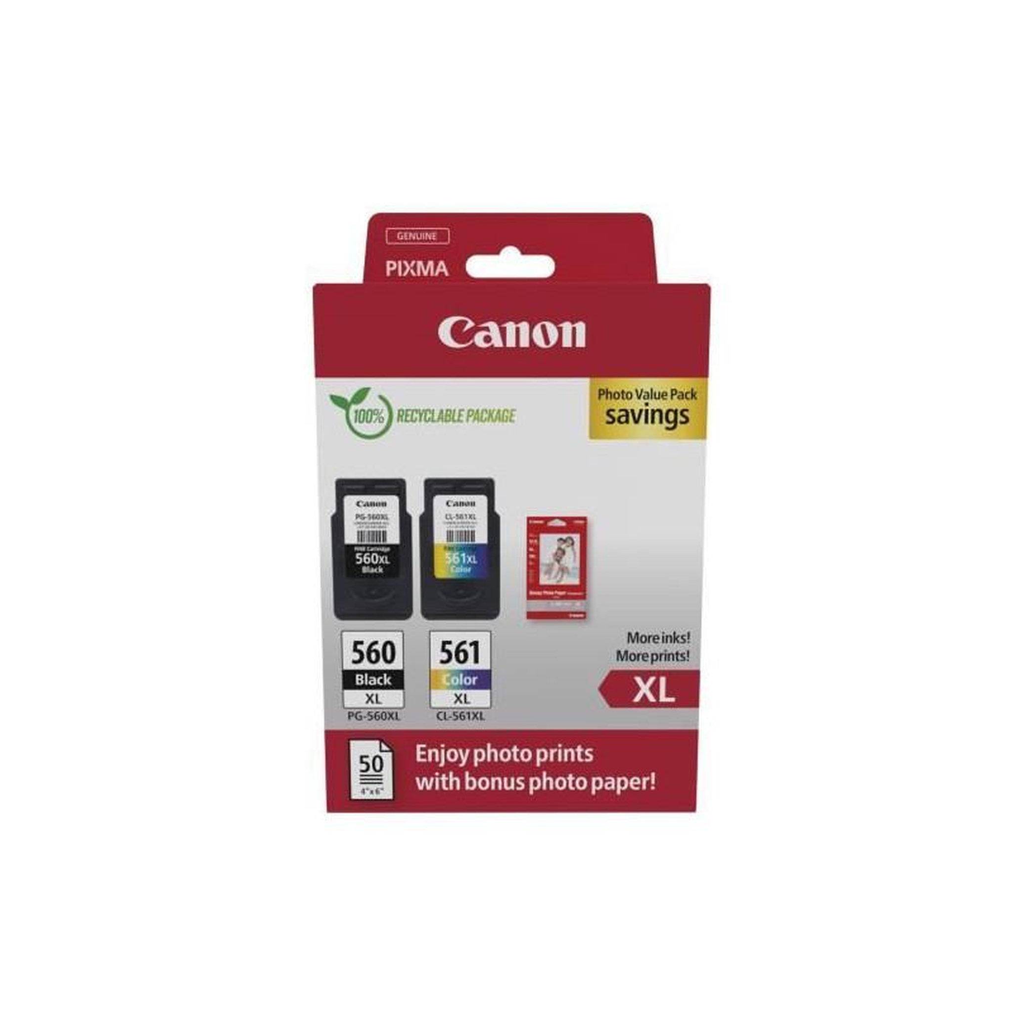 Voir la diapositive 3 : Canon Pack de 2 cartouches d'encre + pack papiers photo - CANON - PG-560XL Noir + CL-561XL Couleur