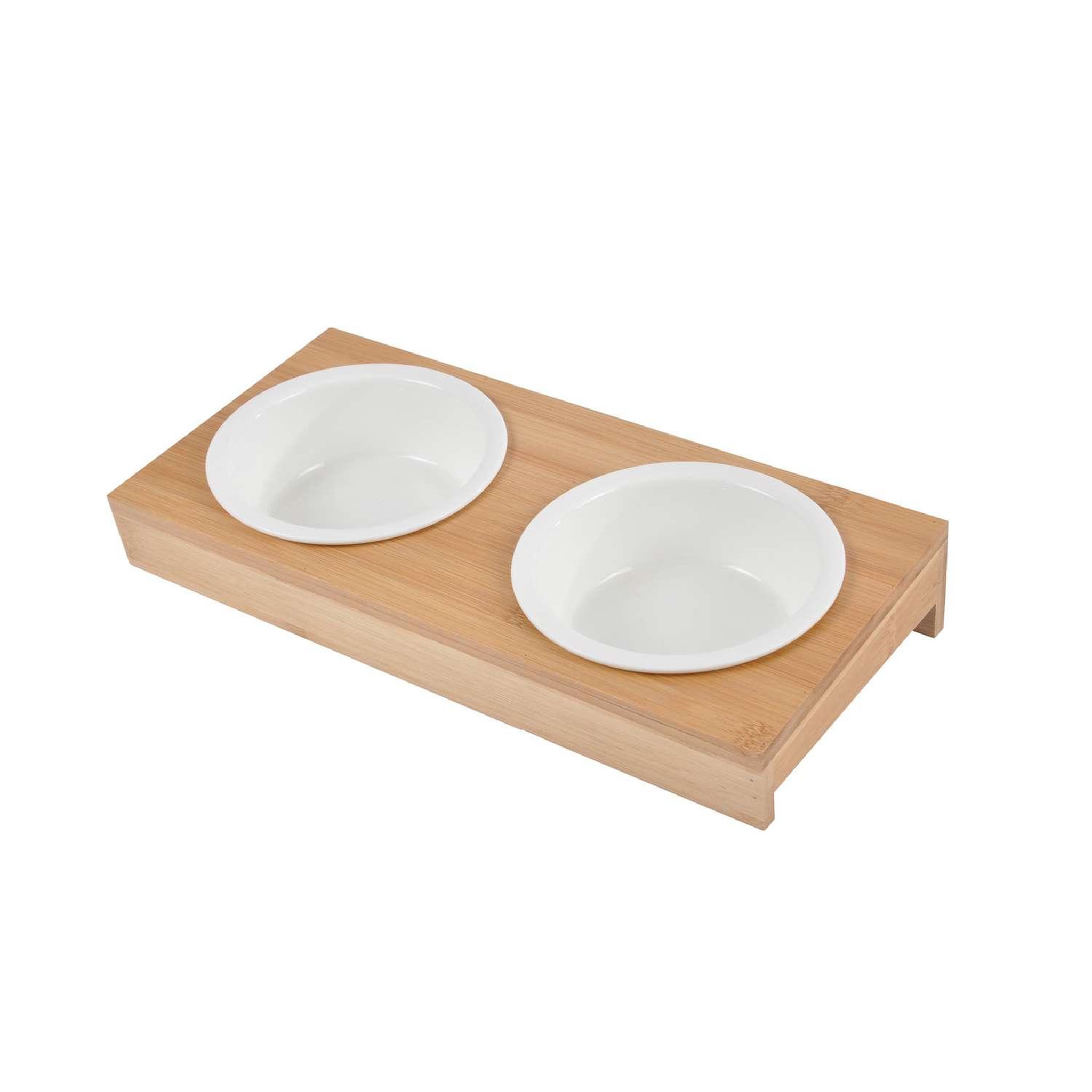 LOVE STORY Gamelle double en céramique et bambou pour chien et chat - Diam 12 cm