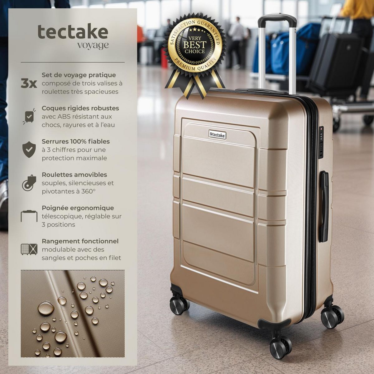tectake Set de valises de voyage 3 pièces en plastique ABS robuste avec revêtement en polycarbonate champagne
