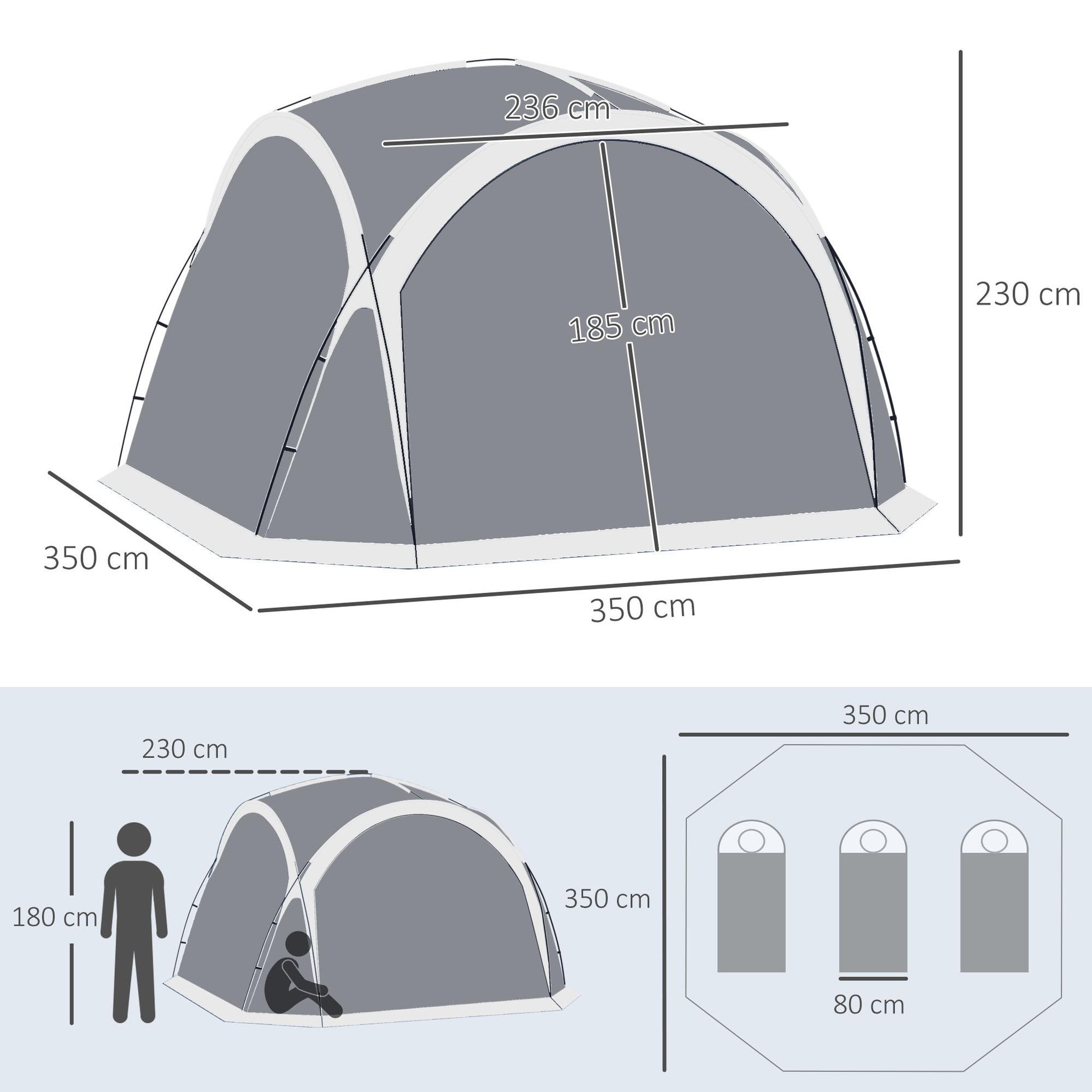 Voir la diapositive 3 : OUTSUNNY Tente de camping dôme familiale 6-8 personnes - 4 portes en filet zippées, tissu oxford amovible, crochet lampe, sac de transport - dim. 350l x 350l x 230h cm - blanc gris
