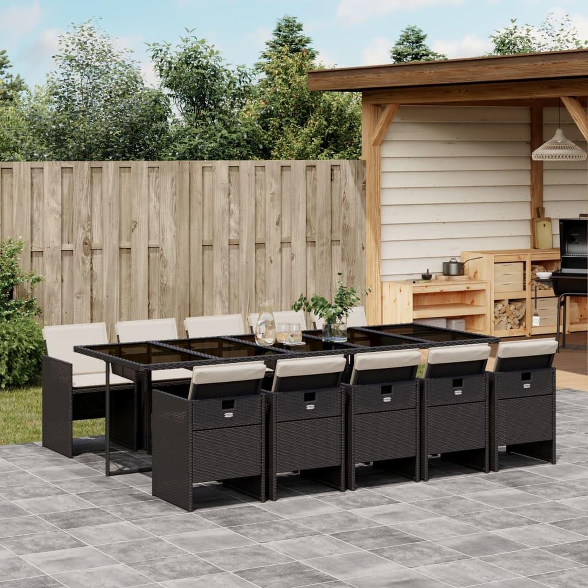 VIDAXL Ensemble a manger de jardin 11 pcs coussins noir resine tressee