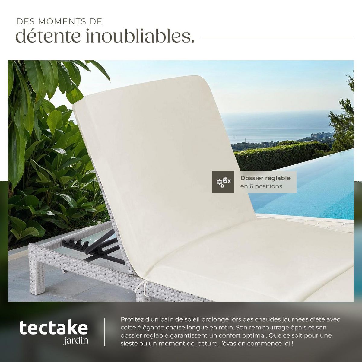 tectake Bain de soleil Transat en rotin Robuste gris clair
