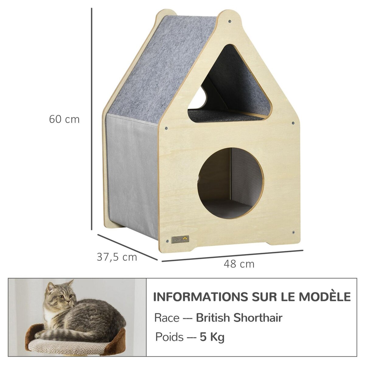 PAWHUT Maison pour chat design maisonnette - niche chat panier chat - 2 coussins amovibles, 2 niv. - panneaux aspect bois clair polyester gris