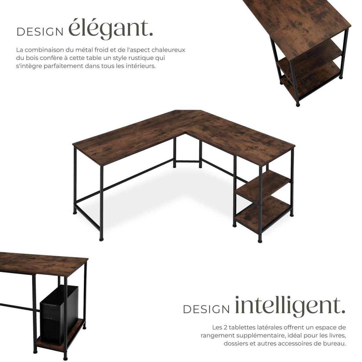 tectake Bureau Style industriel Étagère latérale avec 2 compartiments de stockage