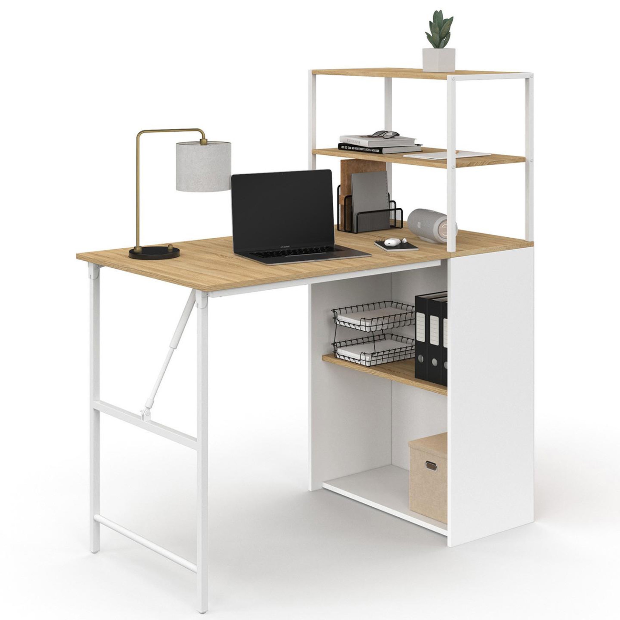 Voir la diapositive 3 : ID MARKET Bureau bibliothèque pliable ray plateau rabattable bois façon hêtre et blanc