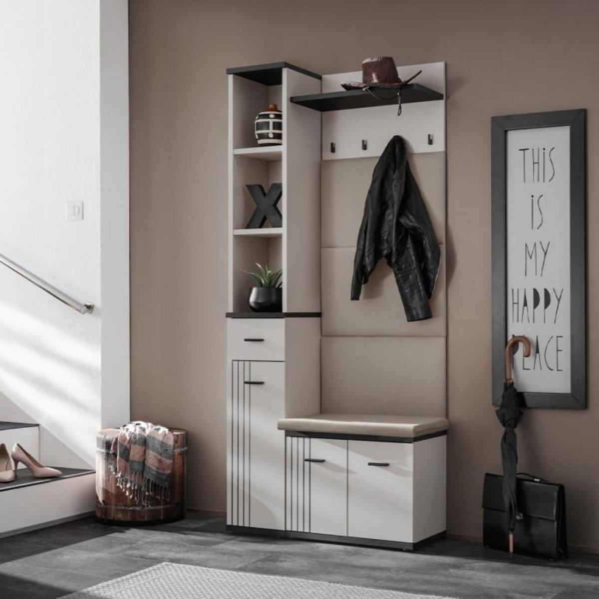 Paris Prix Ensemble Vestiaire Rembourré 3P  Hugo  90cm Gris & Noir