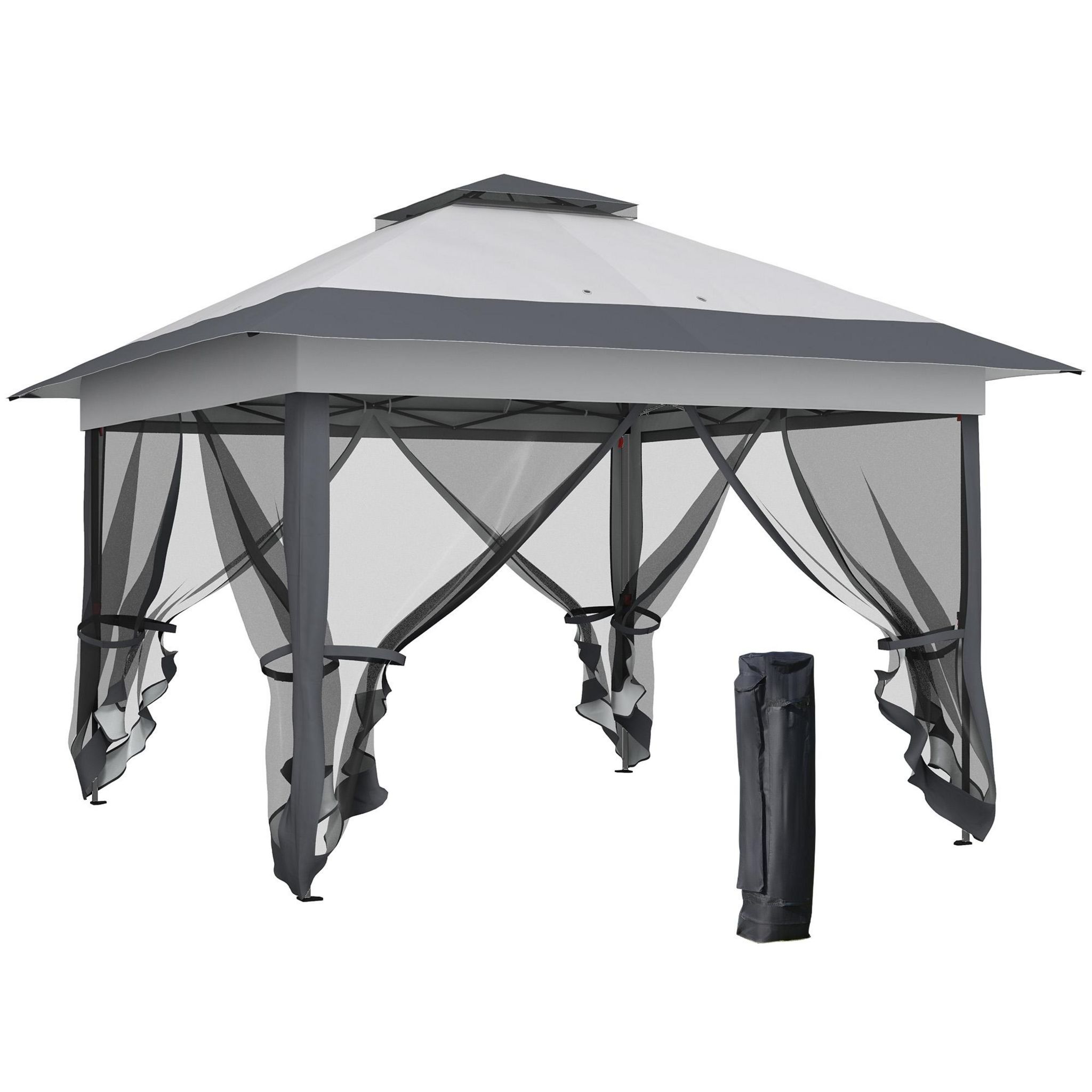 Tonnelle De Jardin Pop-Up Outsunny 3x3m - Style Colonial, 4 Moustiquaires, Pieds Ancrage - Gris