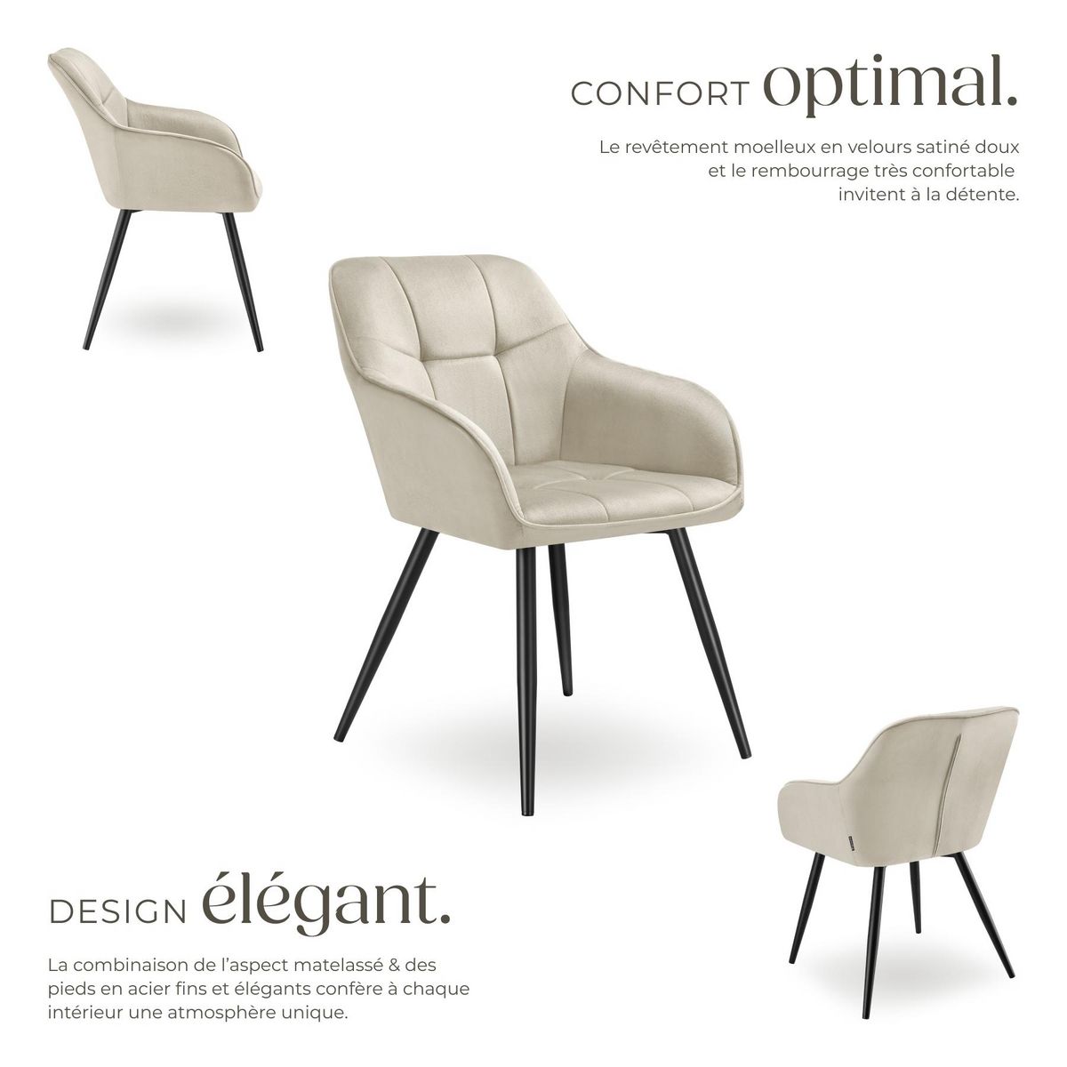 tectake Chaise de salle à manger rembourrée et en velours matelassé crème/noir Lot de 2