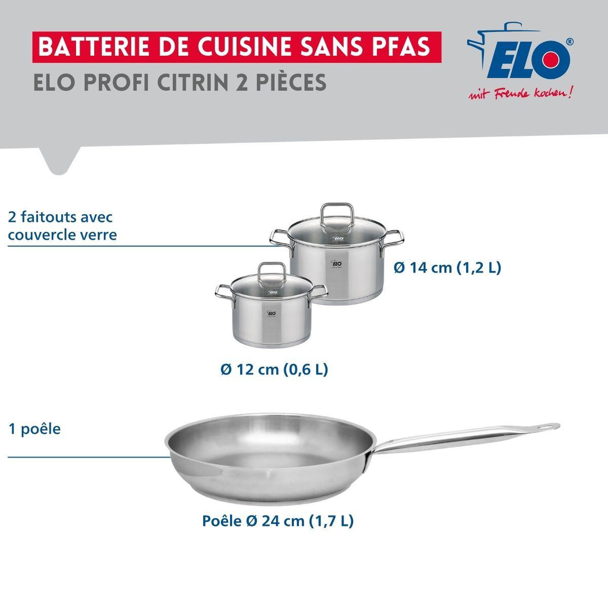 Voir la diapositive 2 : ELO Ensemble de 1 poêle de cuisson 24 cm et 2 faitouts 12 et 14 cm elo profi citrin