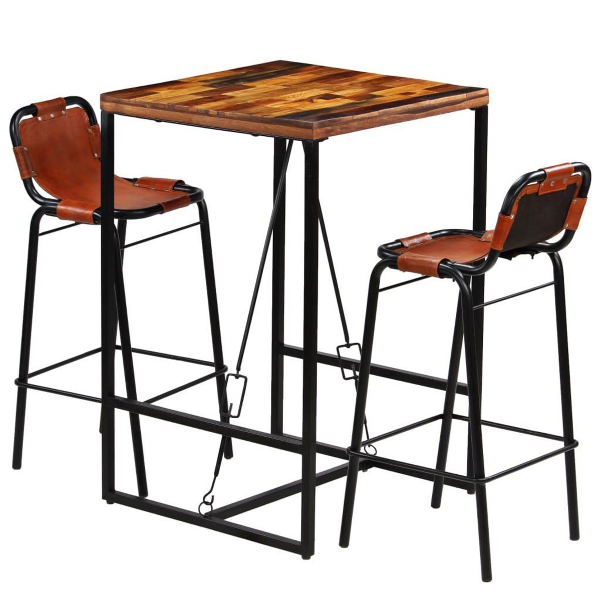 VIDAXL Ensemble de bar 3 pcs Bois massif recycle et cuir de chevre