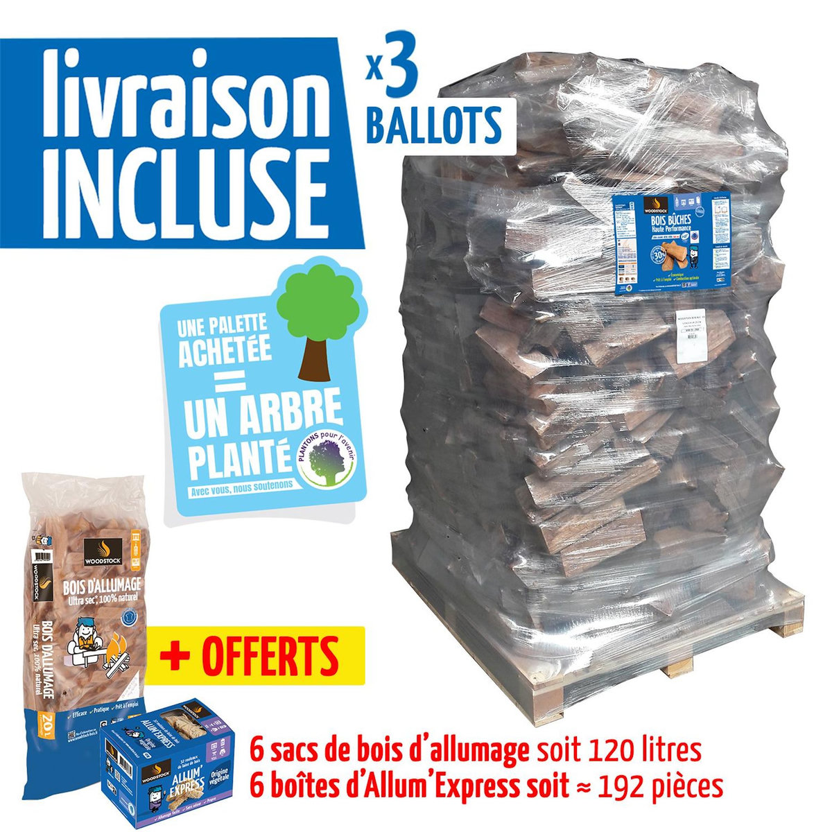 WOODSTOCK Bois de chauffage haute performance, lot de 3 ballots de 2 000 dm3 - bûches de 30cm + allumage offerts