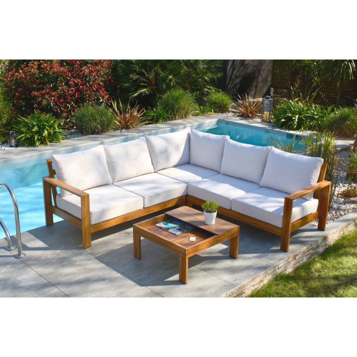 DCB GARDEN Salon bas de jardin - 5 places - Aluminium avec effet bois - MAJORQUE