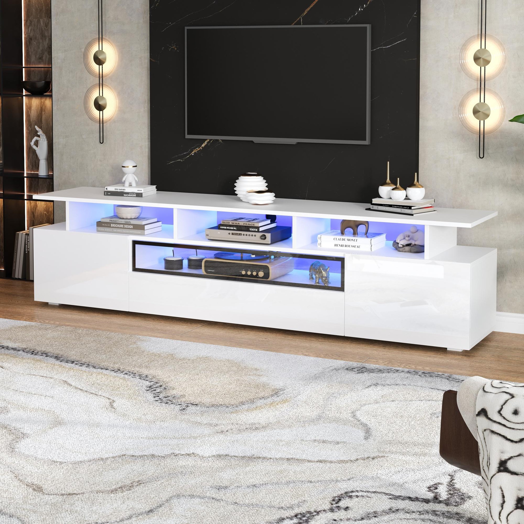 Voir la diapositive 4 : MERAX Meuble tv blanc 180 cm led panneau de particules