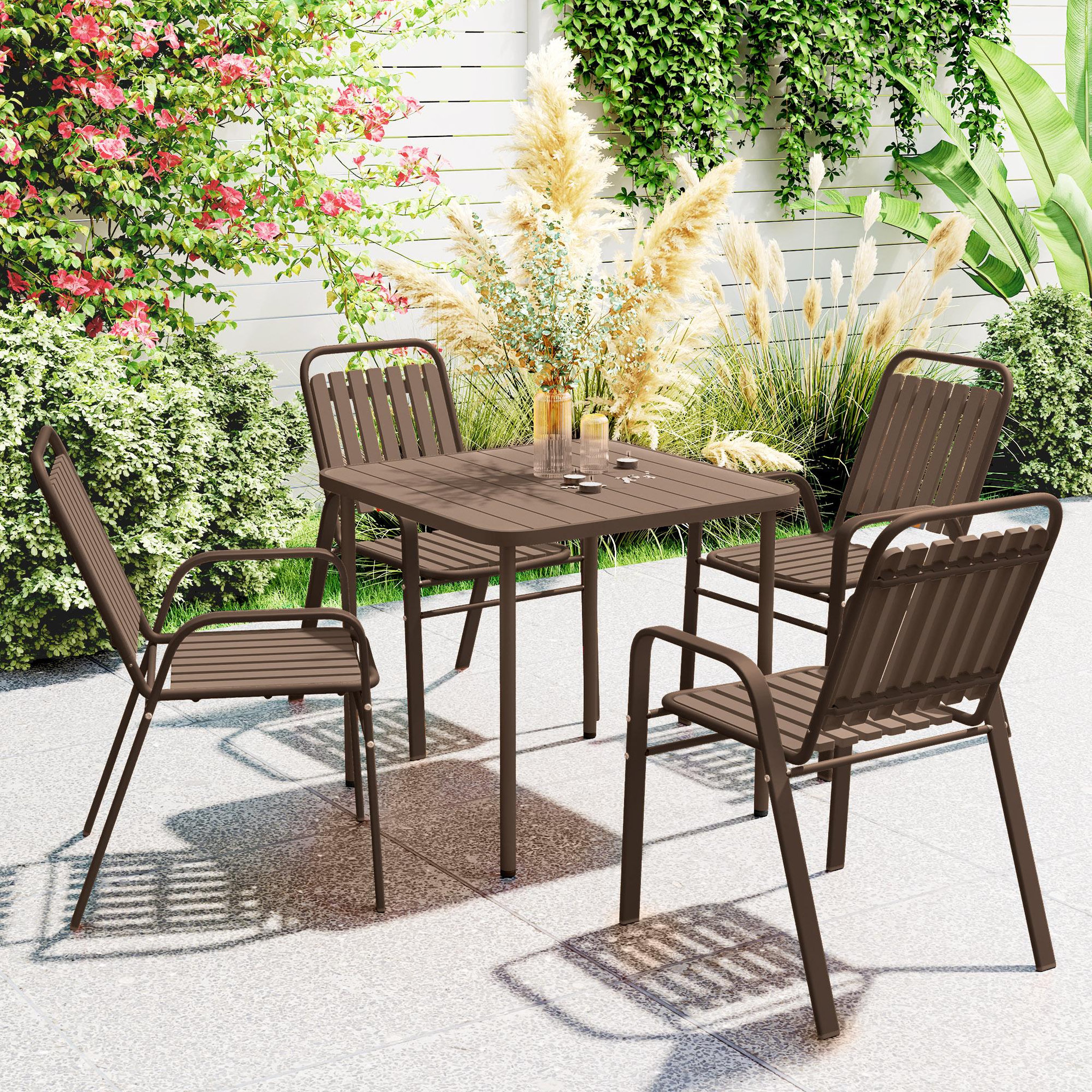 Voir la diapositive 6 : OUTSUNNY Lot de 4 chaises de jardin empilables design néo-rétro avec hauts dossiers accoudoirs acier époxy PP marron