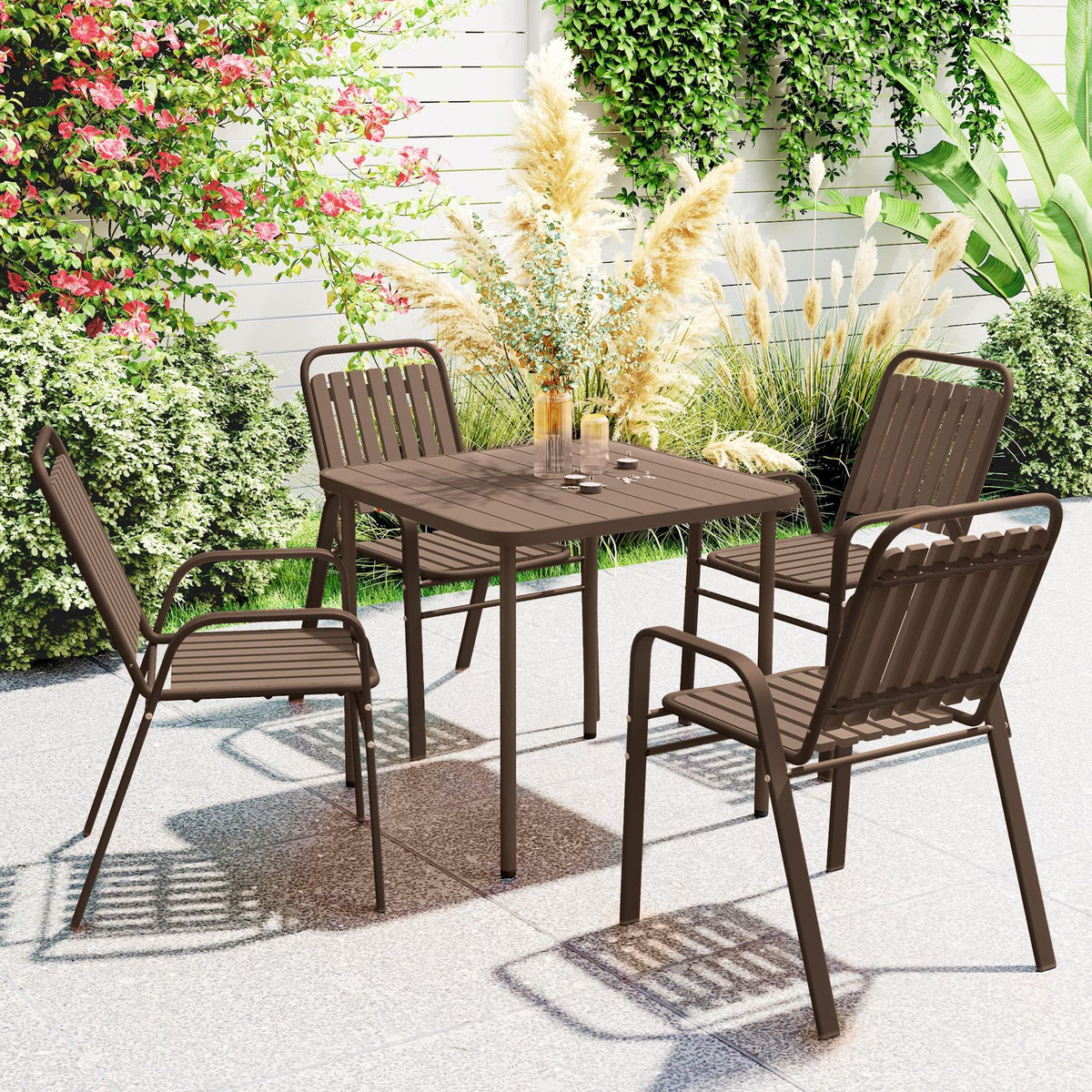OUTSUNNY Lot de 4 chaises de jardin empilables design néo-rétro avec hauts dossiers accoudoirs acier époxy PP marron