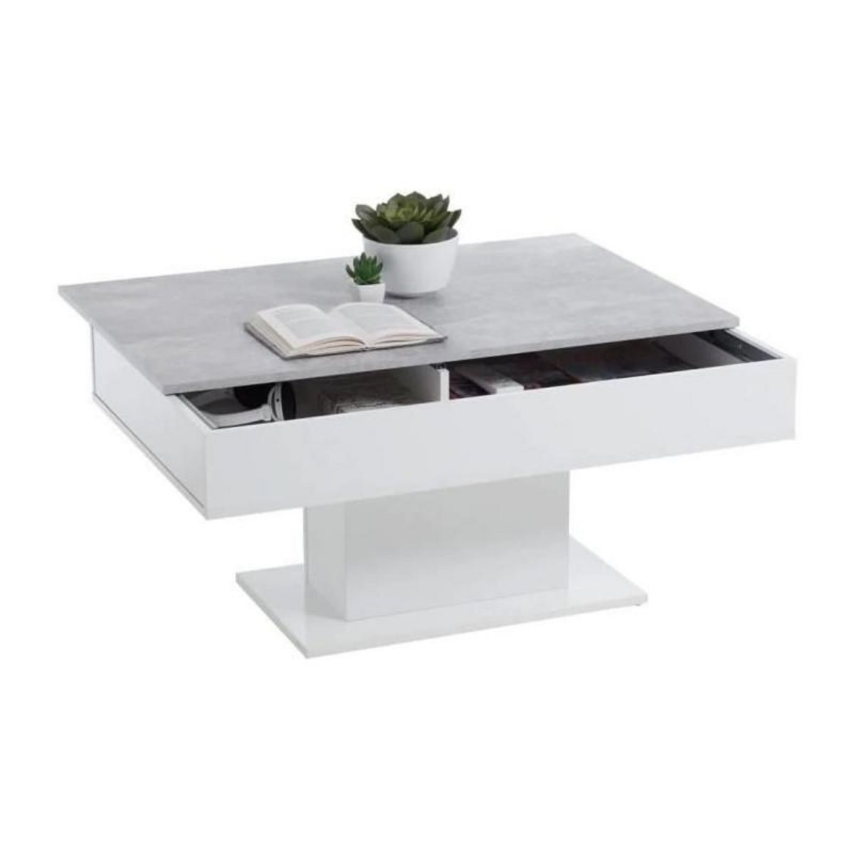 FMD Table basse bicolore avec plateau coulissant - Décor gris béton LA et blanc brillant - L100 x H46,1 x P65 cm - Fabriqué en Al