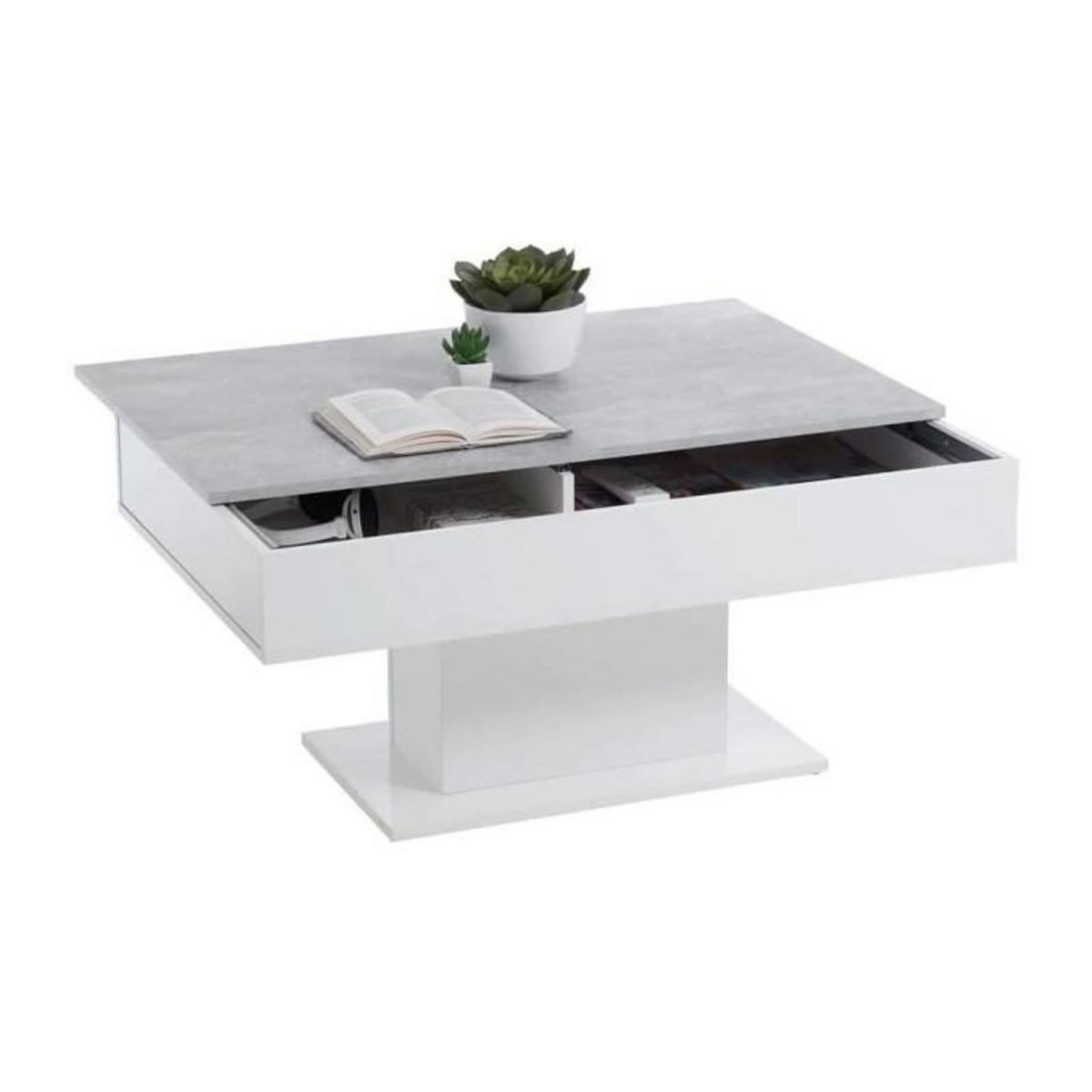 FMD Table basse bicolore avec plateau coulissant - Décor gris béton LA et blanc brillant - L100 x H46,1 x P65 cm - Fabriqué en Al