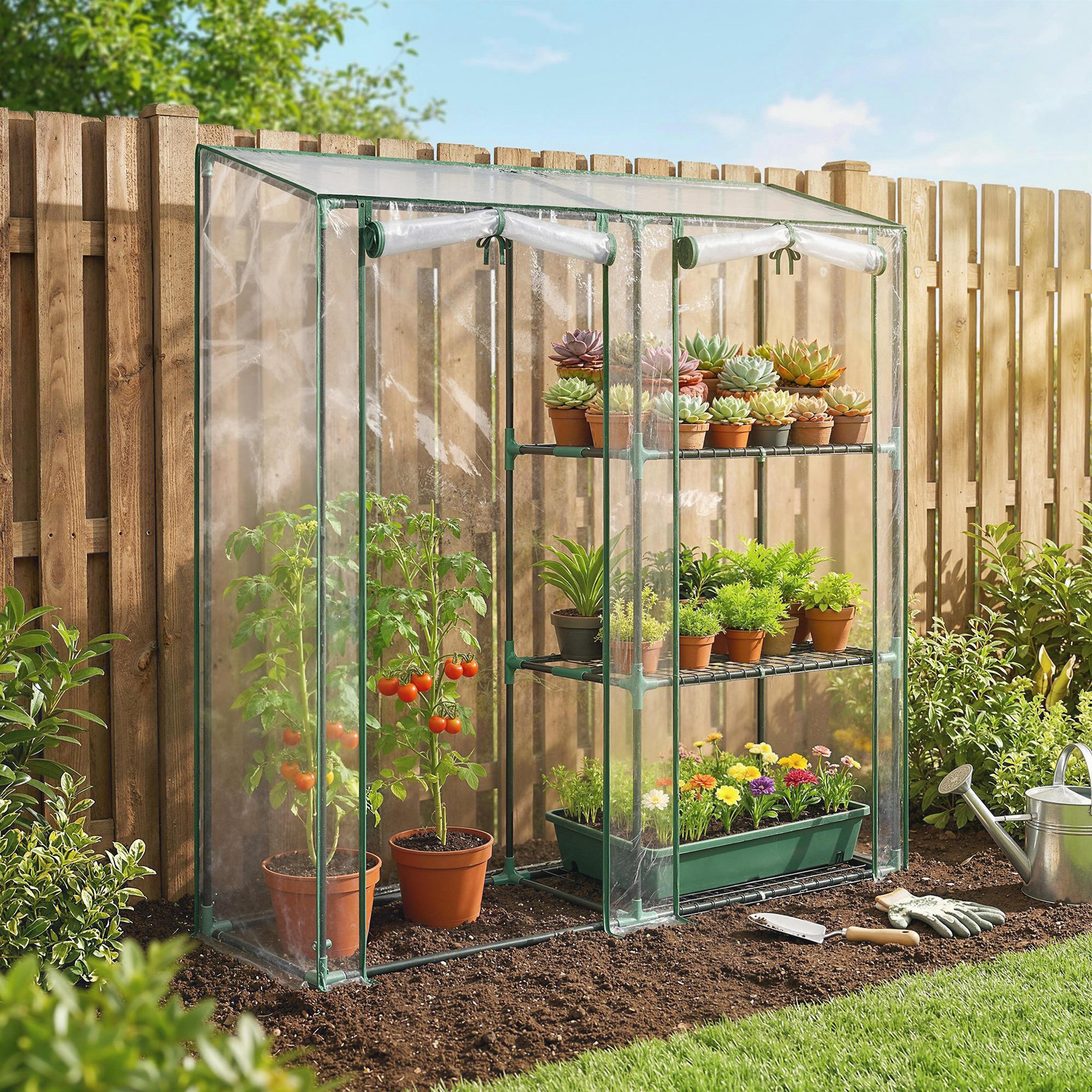 Voir la diapositive 4 : OUTSUNNY Serre à tomates serre à fleurs 3 étagères 2 en 1 vert transparent