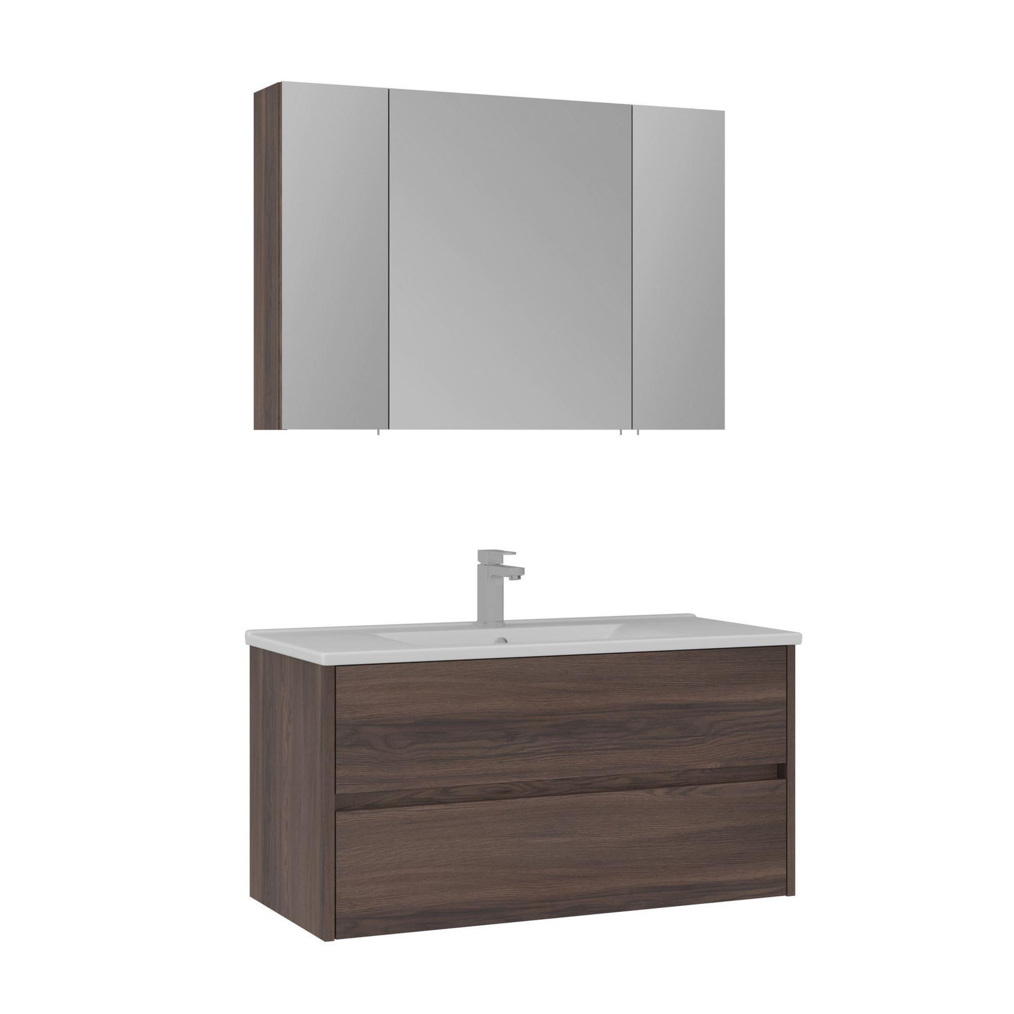 Habitat et Jardin Meuble avec simple vasque et miroir  Side 100 v3  - 100 x 16 x 52 cm - Walnut