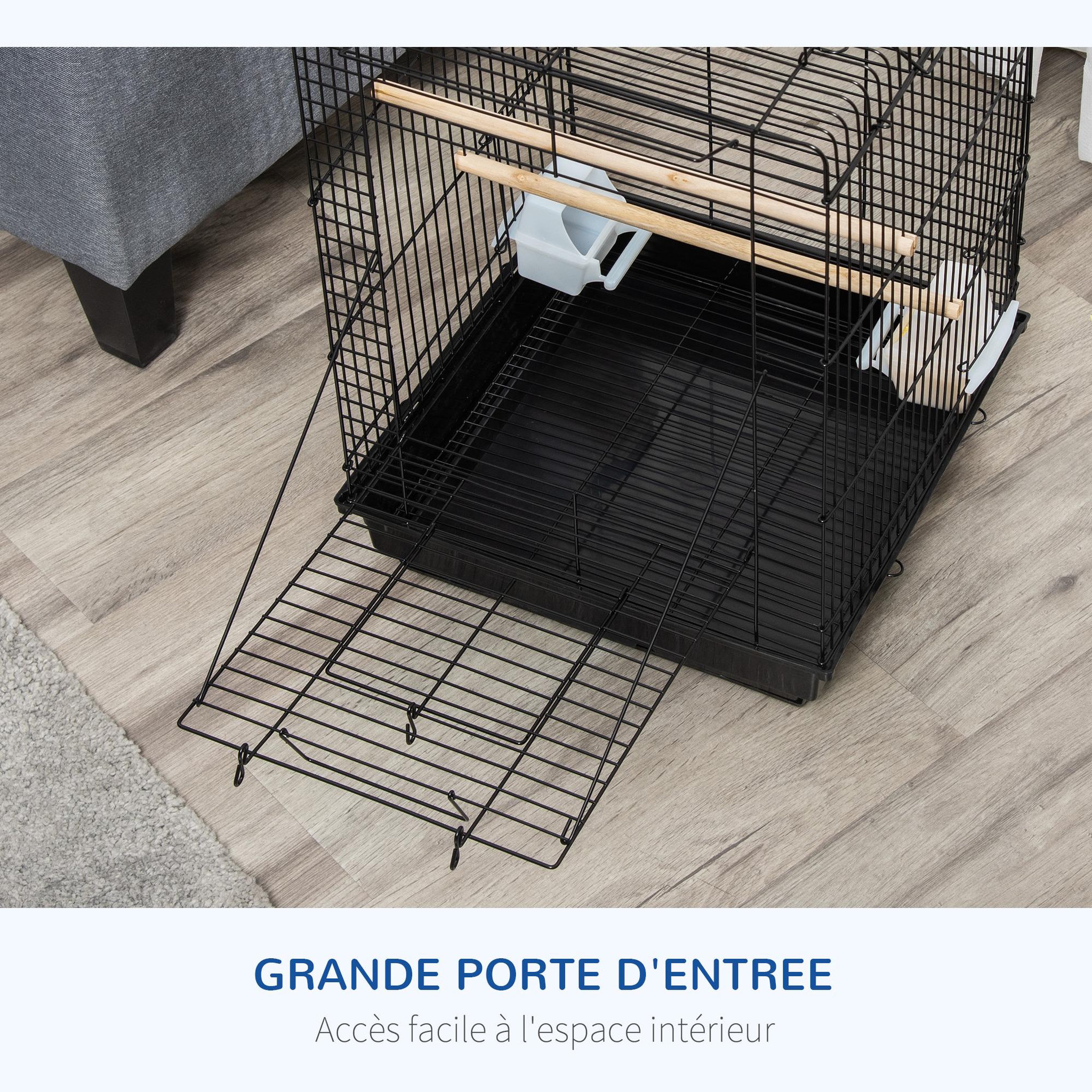 Voir la diapositive 6 : PAWHUT Cage à oiseaux 2 mangeoires 2 perchoirs toit ouvrant plateau excrément amovible poignée transport métal PS noir