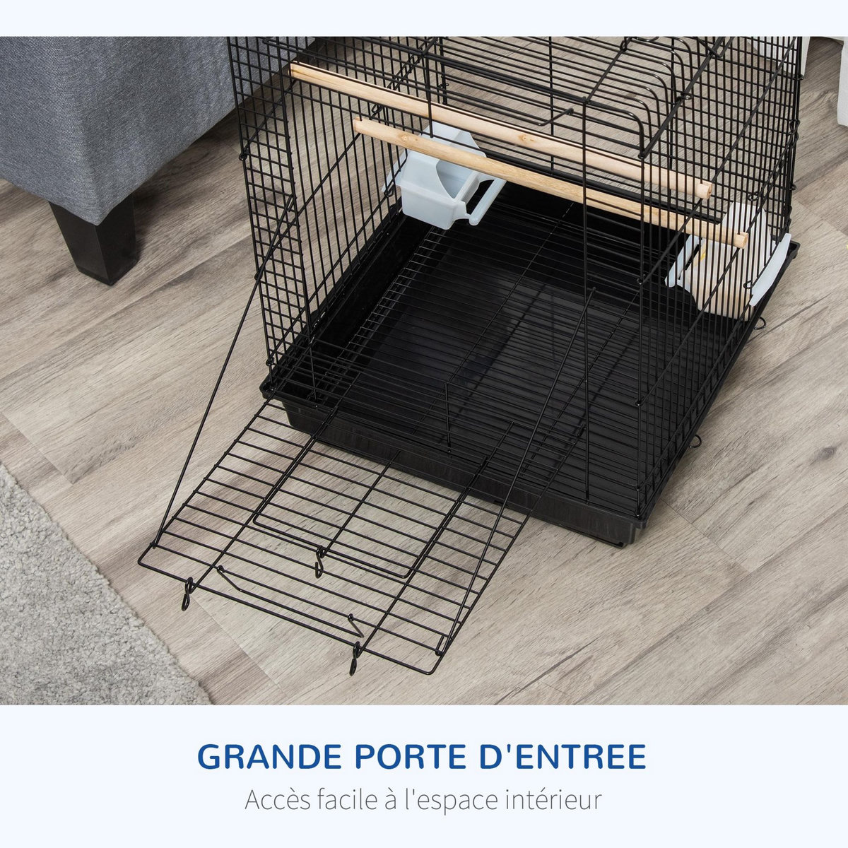 PAWHUT Cage à oiseaux 2 mangeoires 2 perchoirs toit ouvrant plateau excrément amovible poignée transport métal PS noir