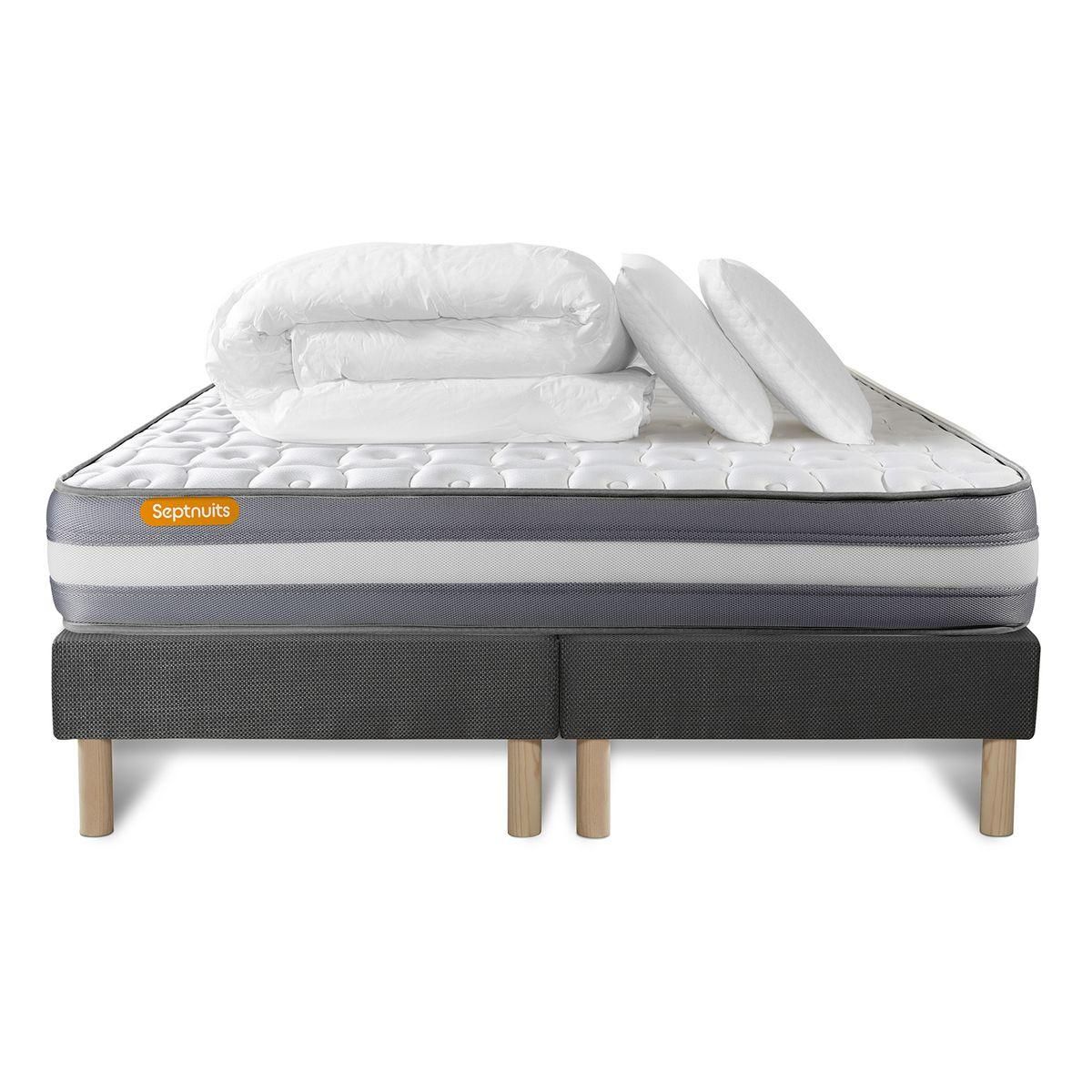 SEPTNUITS PACK matelas + double sommier gris Memo Plus Mémoire de forme 3 zones + 2 oreillers + couette