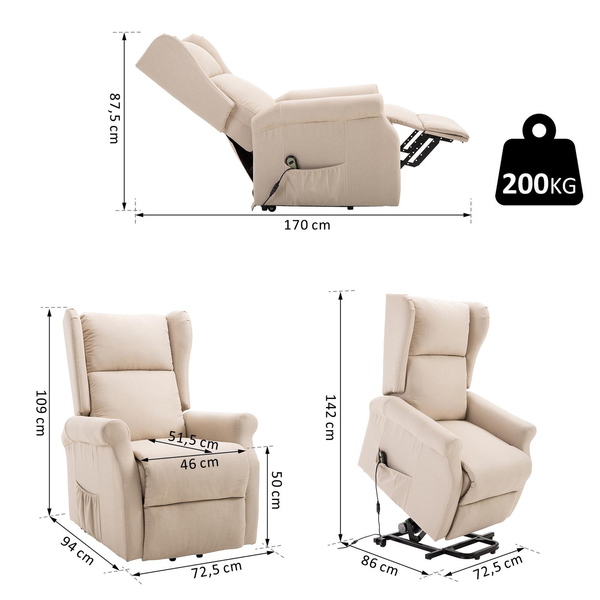 Voir la diapositive 3 : HOMCOM Fauteuil de relaxation électrique fauteuil releveur inclinable avec repose-pied ajustable lin beige