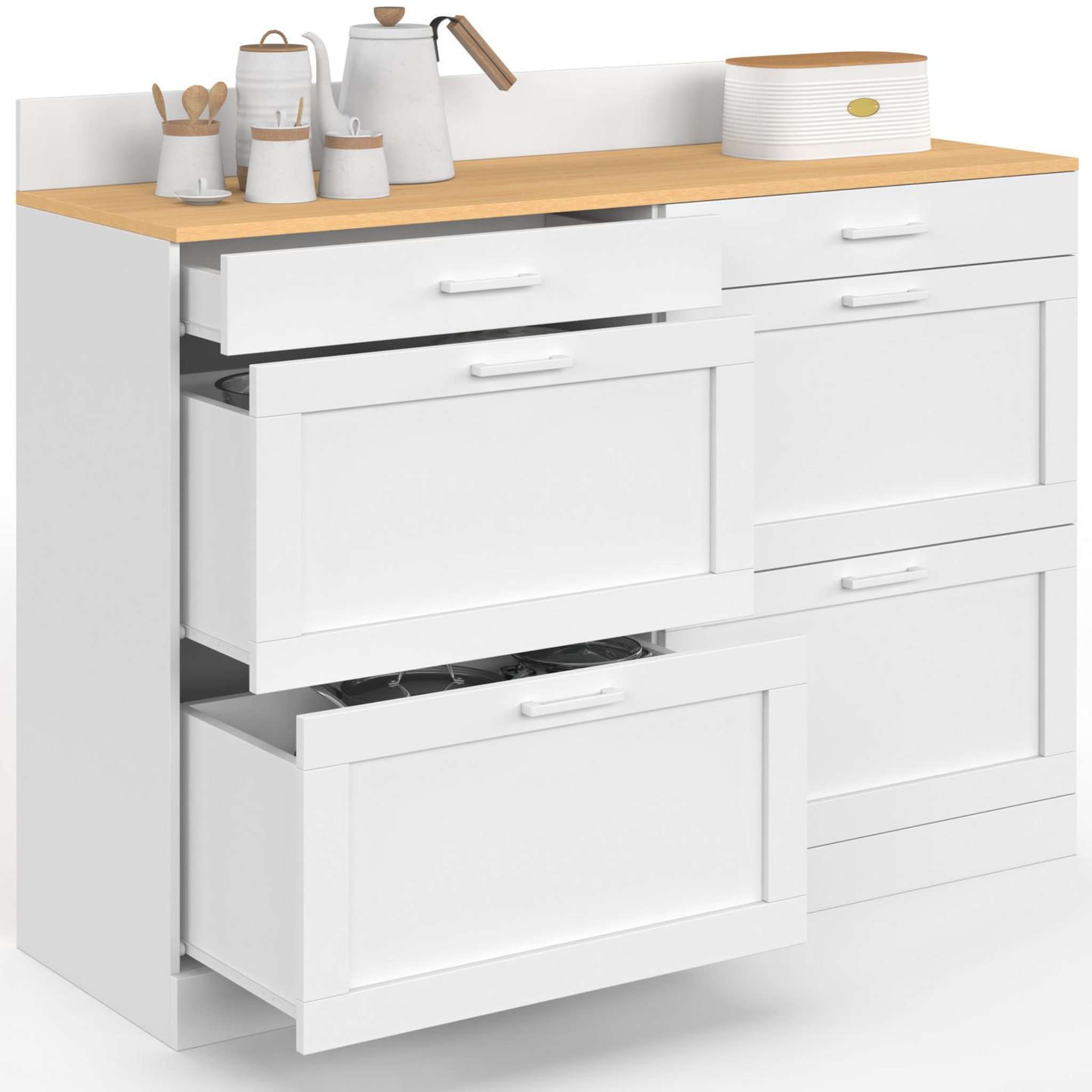 ID MARKET Buffet bas de cuisine 120 cm casserolier vito plan de travail h.83 cm 6 tiroirs blanc et plateau façon hêtre