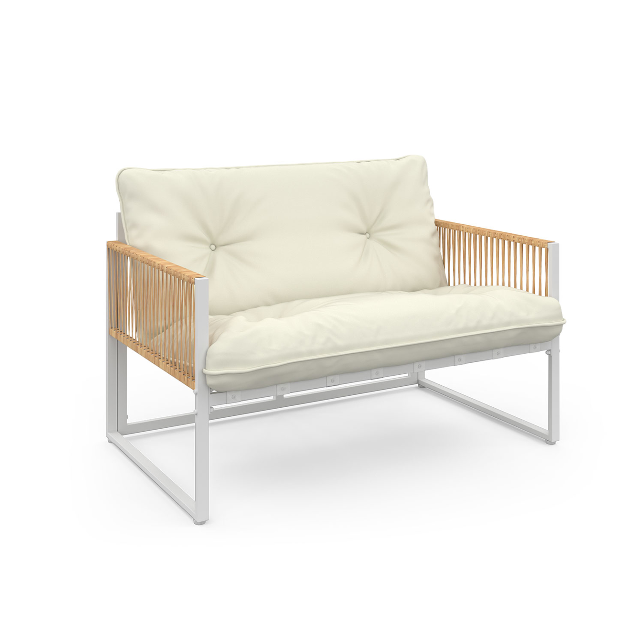 Voir la diapositive 4 : ID MARKET Salon de jardin bas rio 4 places structure métal blanc, cordage effet rotin clair et coussins beiges