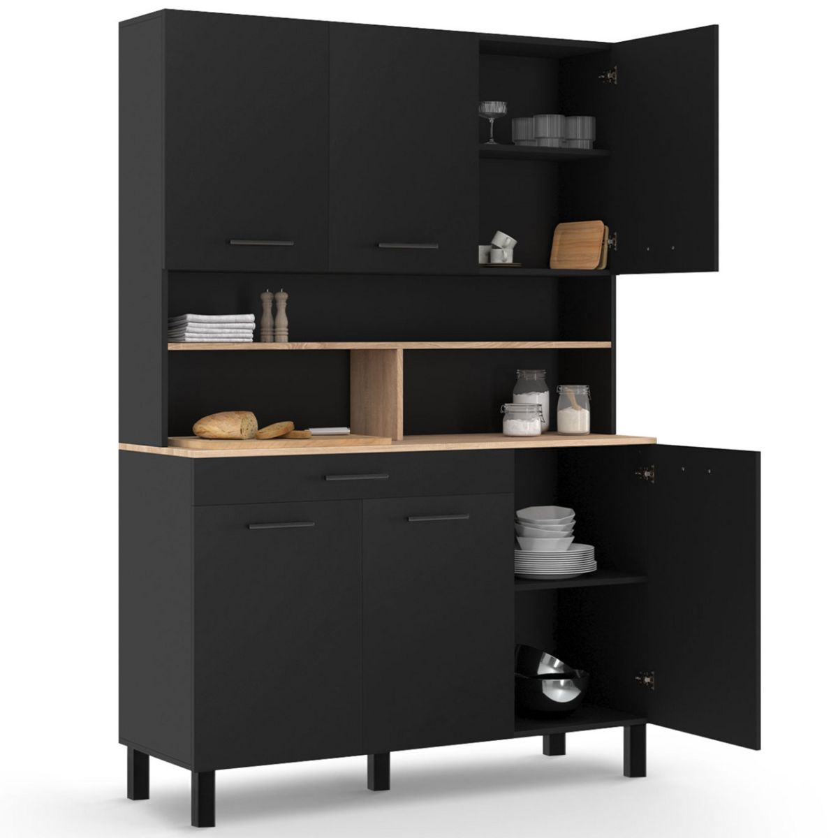 ID MARKET Buffet de cuisine 120 cm CINA 6 portes + tiroir noir et plateaux façon hêtre
