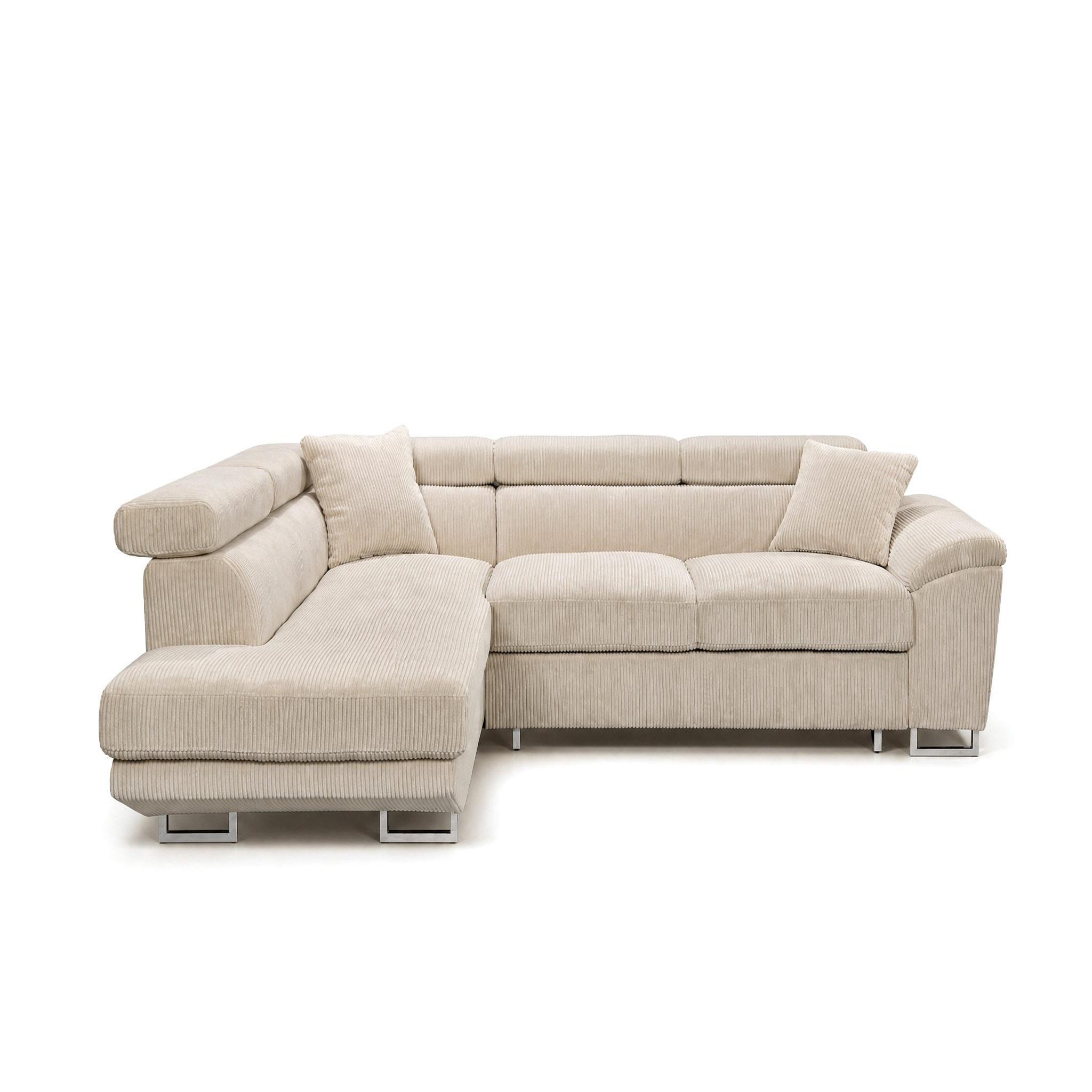 BEST MOBILIER Baoji - canapé d'angle gauche 5 places convertible avec têtières et coffre en velours côtelé. Coloris disponibles : Bleu, Marron, Beige, Vert, Gris