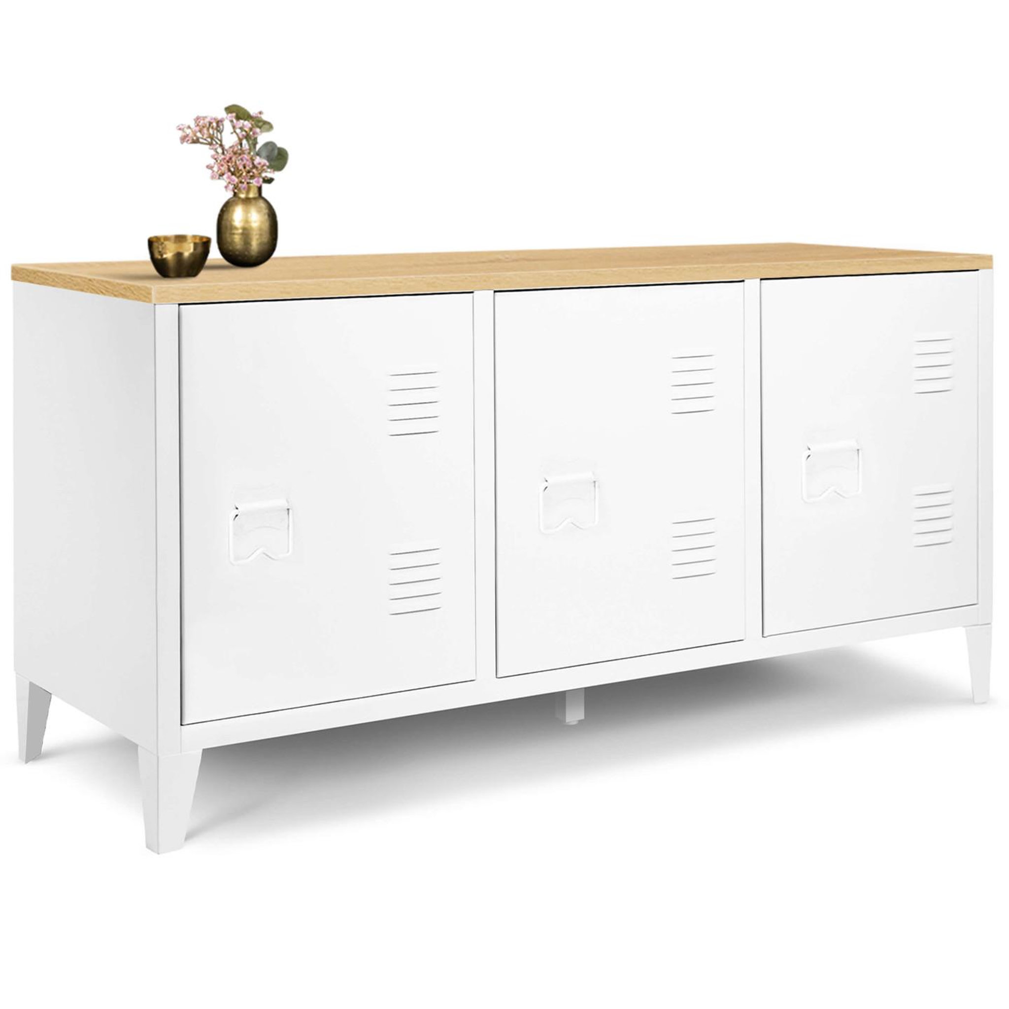 ID MARKET Buffet bas 113 cm ester 3 portes métal blanc plateau bois design industriel