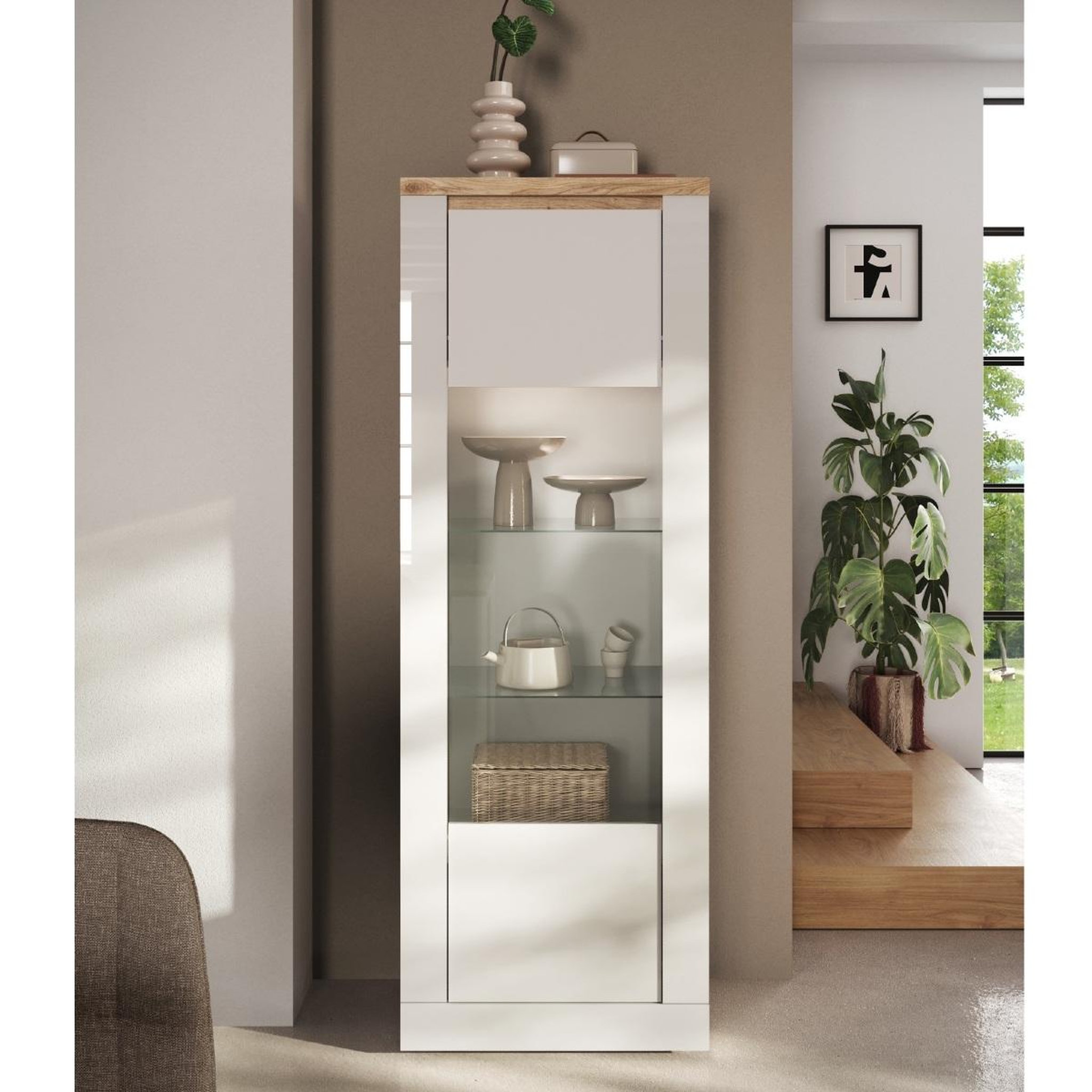 Voir la diapositive 3 : JLC KREATION Vitrine moderne 1 porte laqué blanc et bois + led ARIA