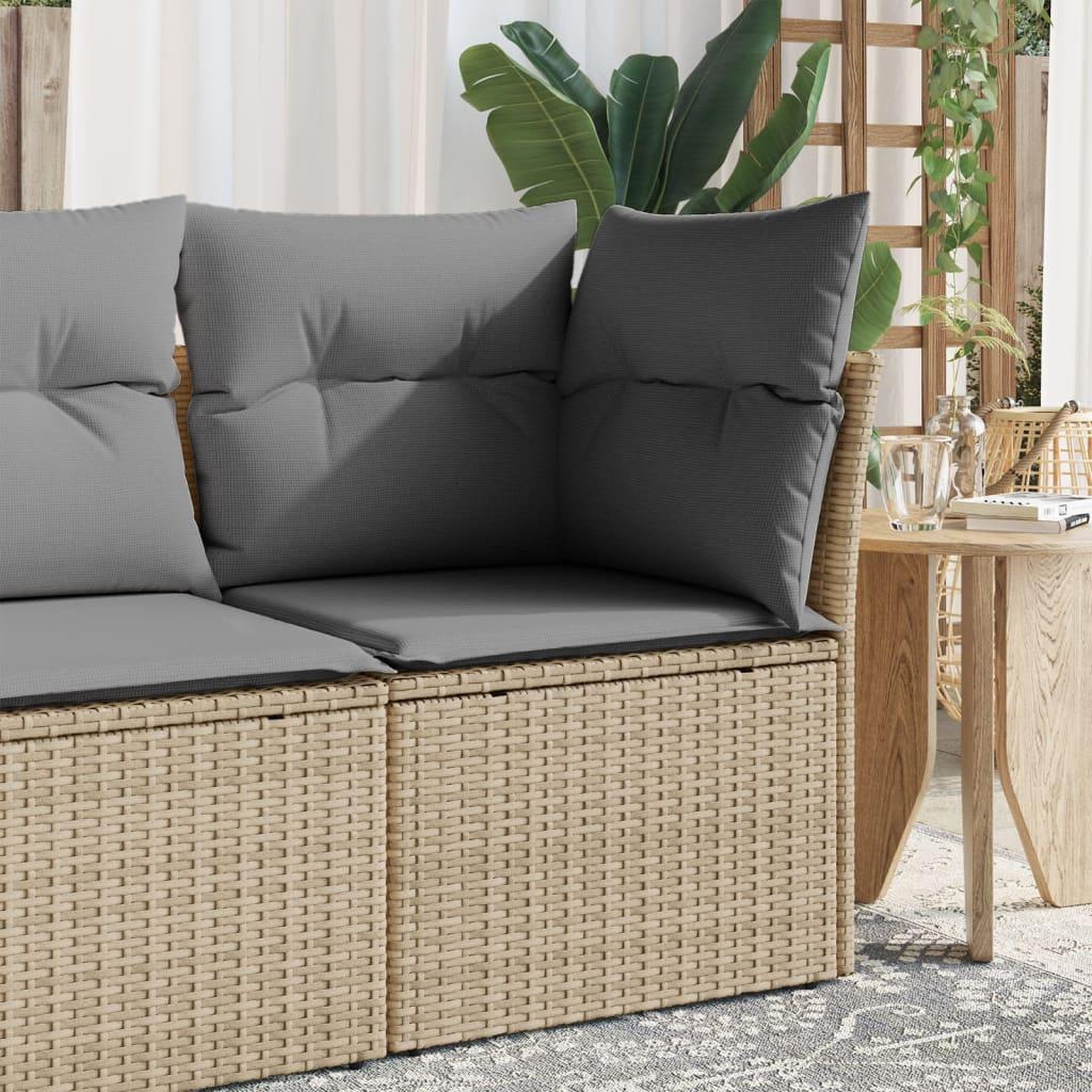 VIDAXL Canape d'angle de jardin avec coussins beige resine tressee