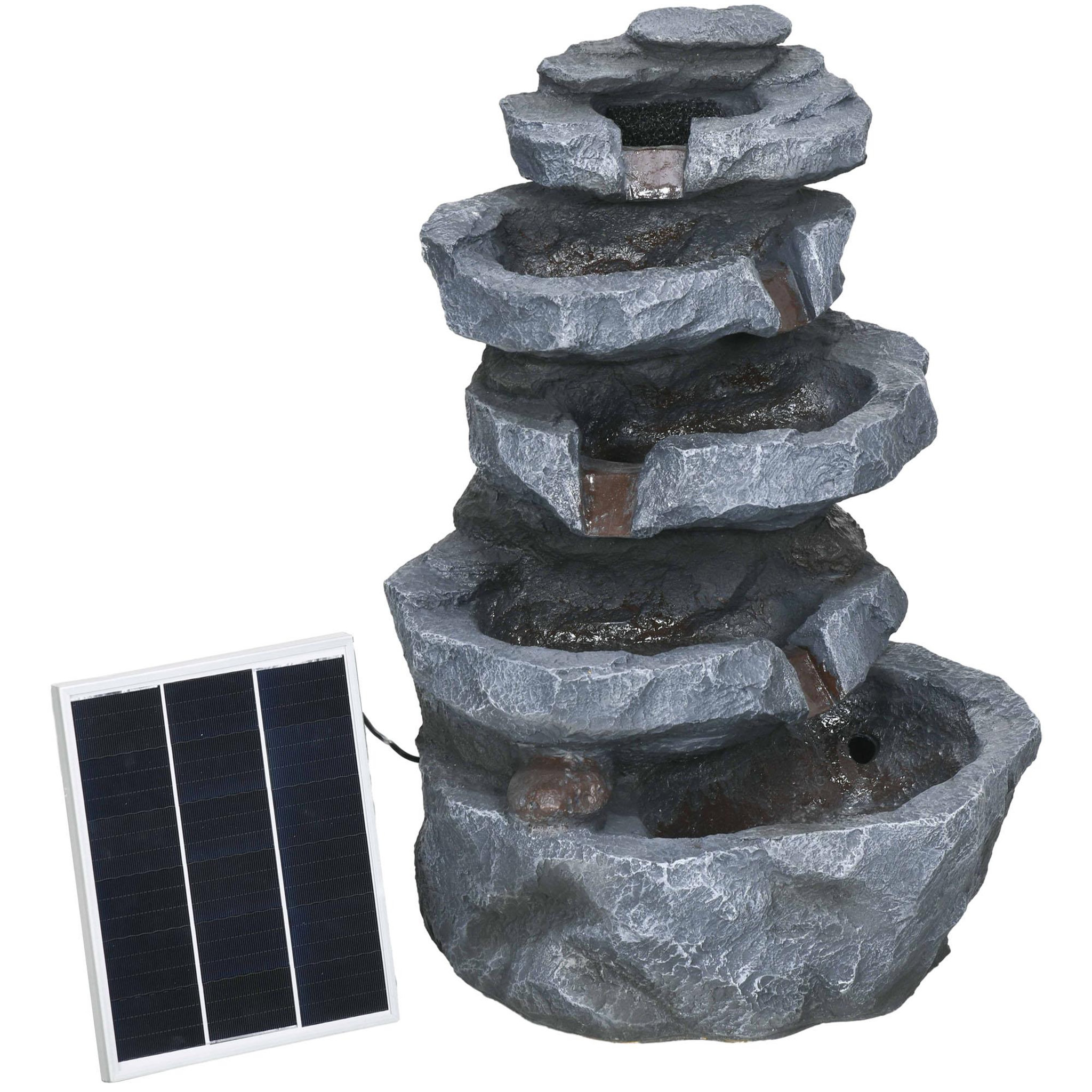 Voir la diapositive 1 : OUTSUNNY Fontaine de jardin à énergie solaire - fontaine roche cascade 5 niv. LED pompe incluse - résine gris