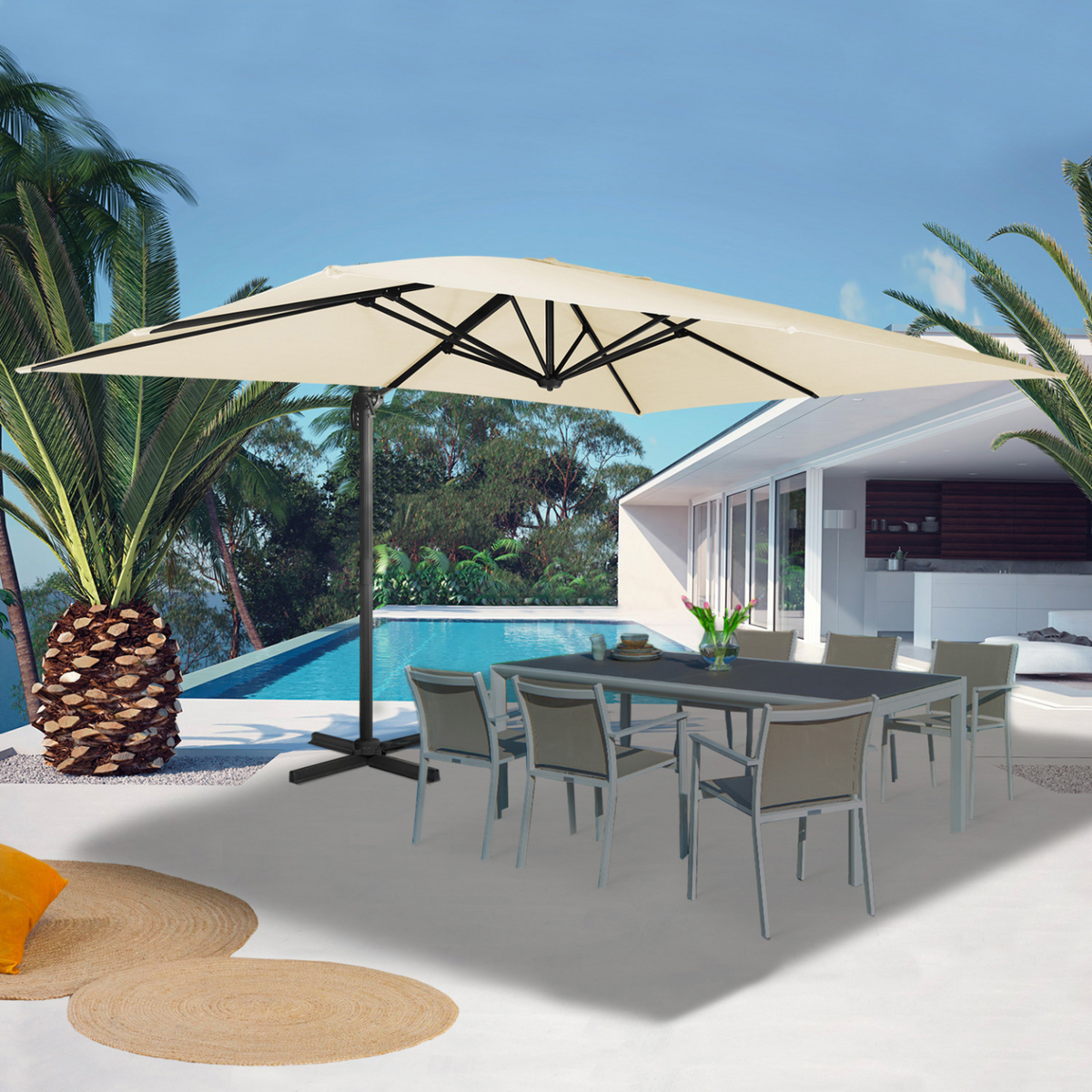ID MARKET Parasol déporté inclinable rotatif 360 CALVI écru 3x4 M avec housse