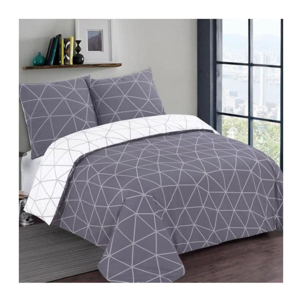 VISION VISION - Parure de lit HUGO gris réversible - 100% Coton - 1 housse de couette 260x240cm + 2 taies 65x65cm - Gris-blanc