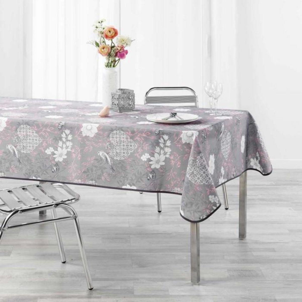 Paris Prix Nappe Imprimée  Joline  150x240cm Gris & Rose