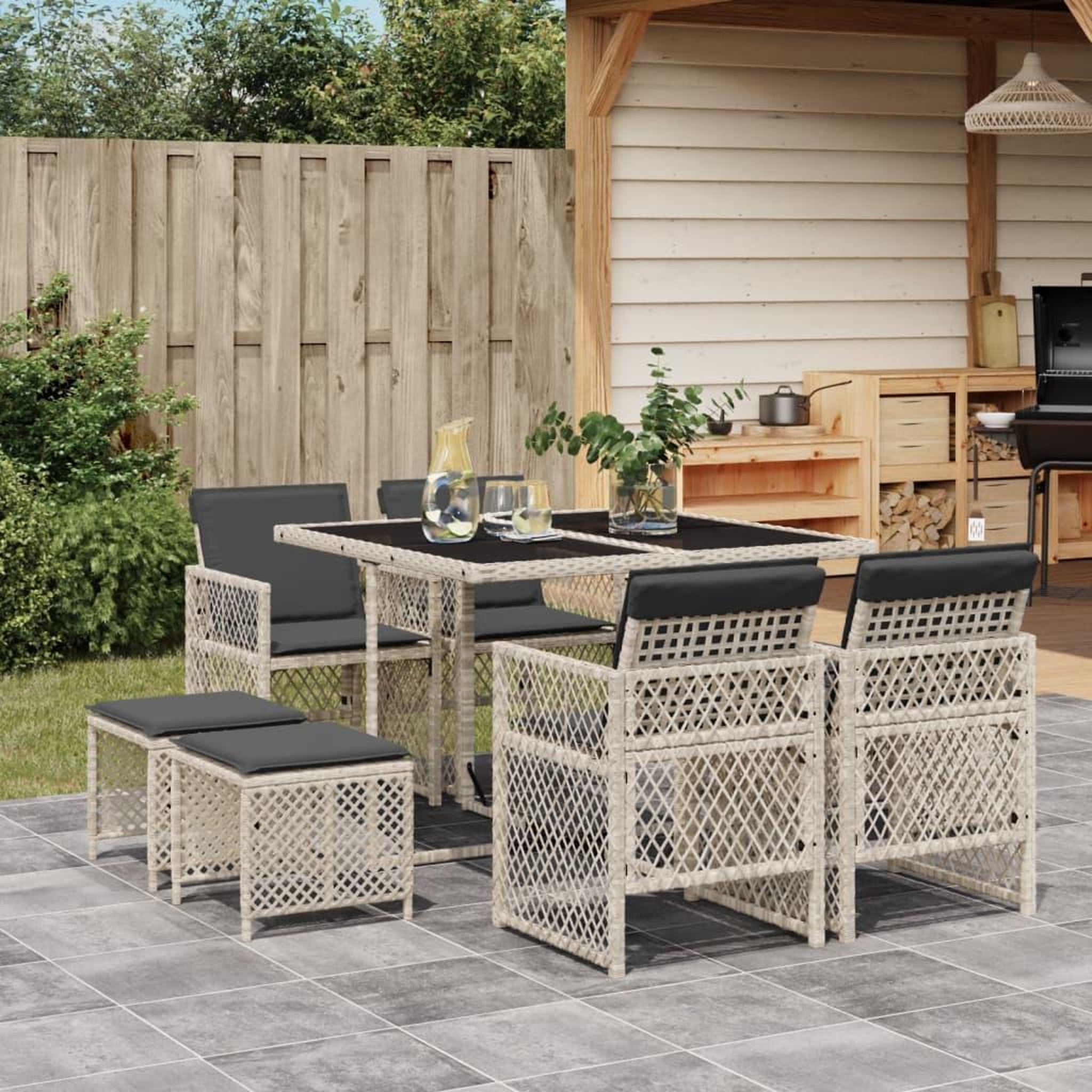 VIDAXL Ensemble a manger de jardin et coussins 9 pcs gris clair rotin