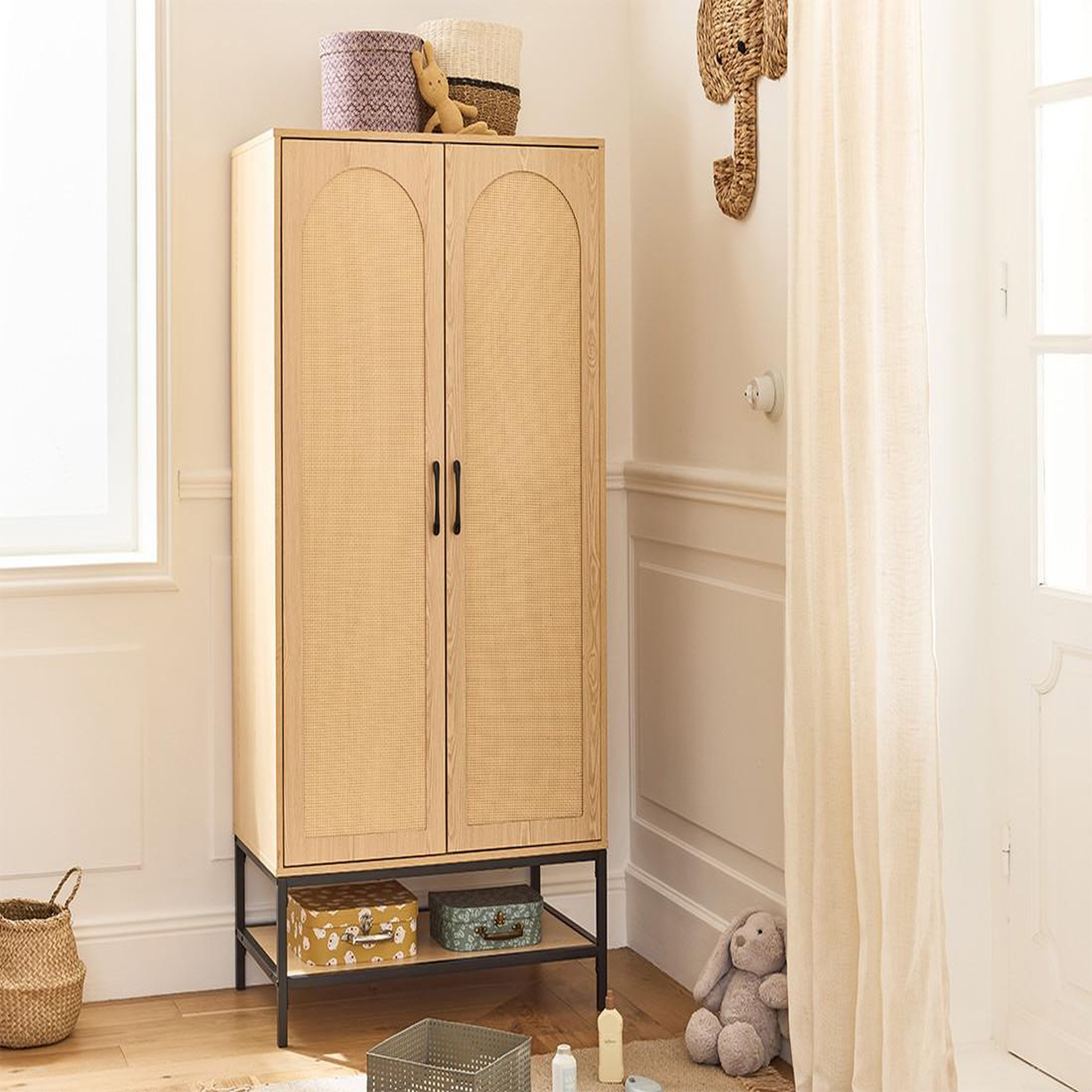 BEST MOBILIER Nagato - armoire - cannage et effet bois - 80 cm. Coloris disponibles : Marron