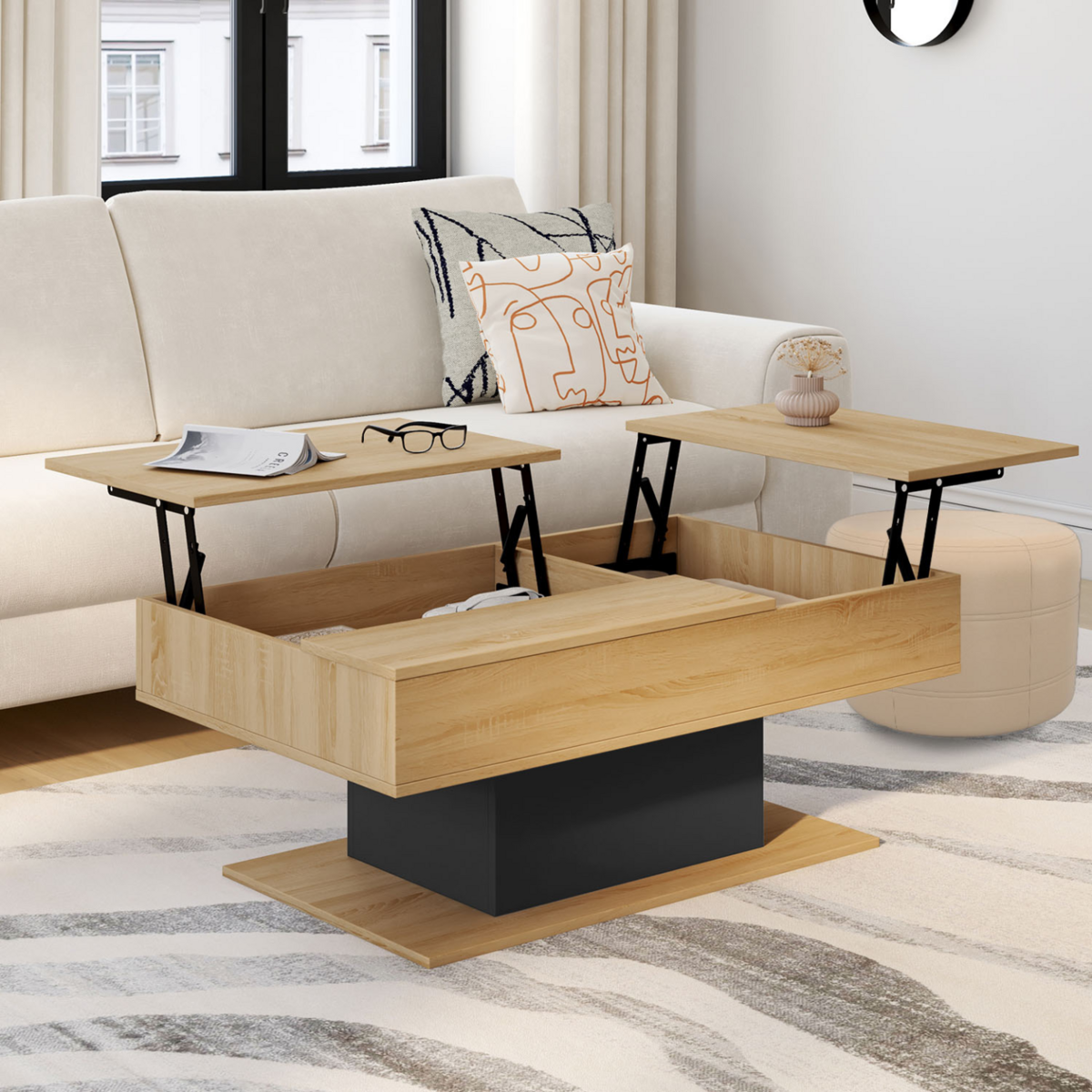 ID MARKET Table basse 2 plateaux relevables rectangulaire EDEN bois et noir