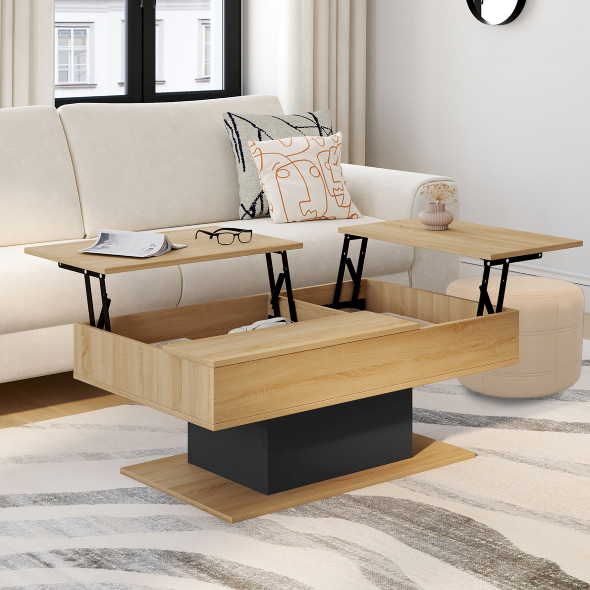 ID MARKET Table basse 2 plateaux relevables rectangulaire EDEN bois et noir