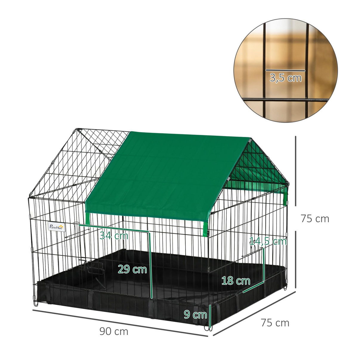 PAWHUT Cage parc enclos rongeurs dim. 90L x 75l x 75H cm - bâche de sol/toit imperméable, porte, trappe - acier oxford noir vert