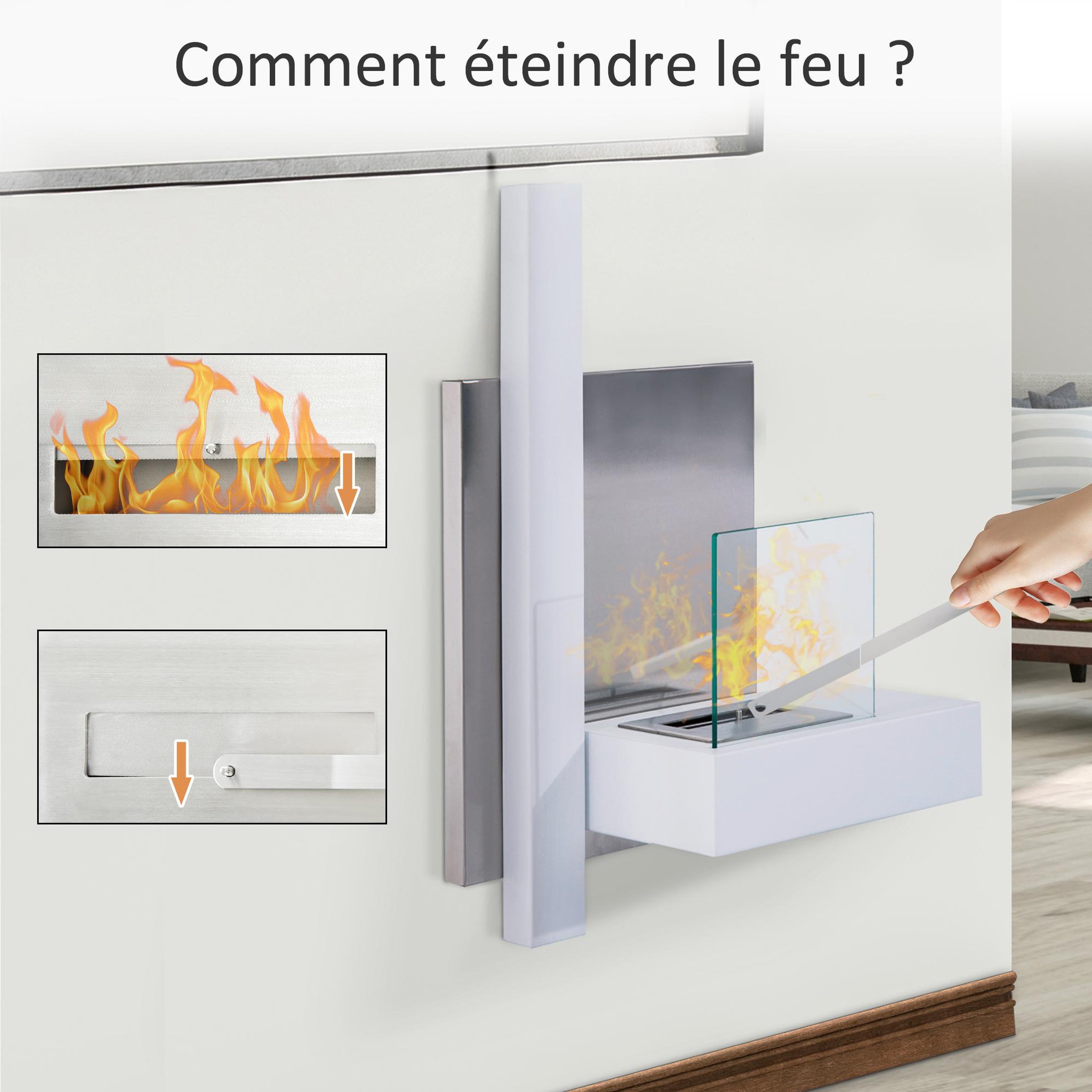 Voir la diapositive 5 : HOMCOM Cheminée bioéthanol murale design bauhaus 1 brûleur 1,5 l 75l x 22l x 63h cm couverture 20-25 m² acier blanc inox. Brossé