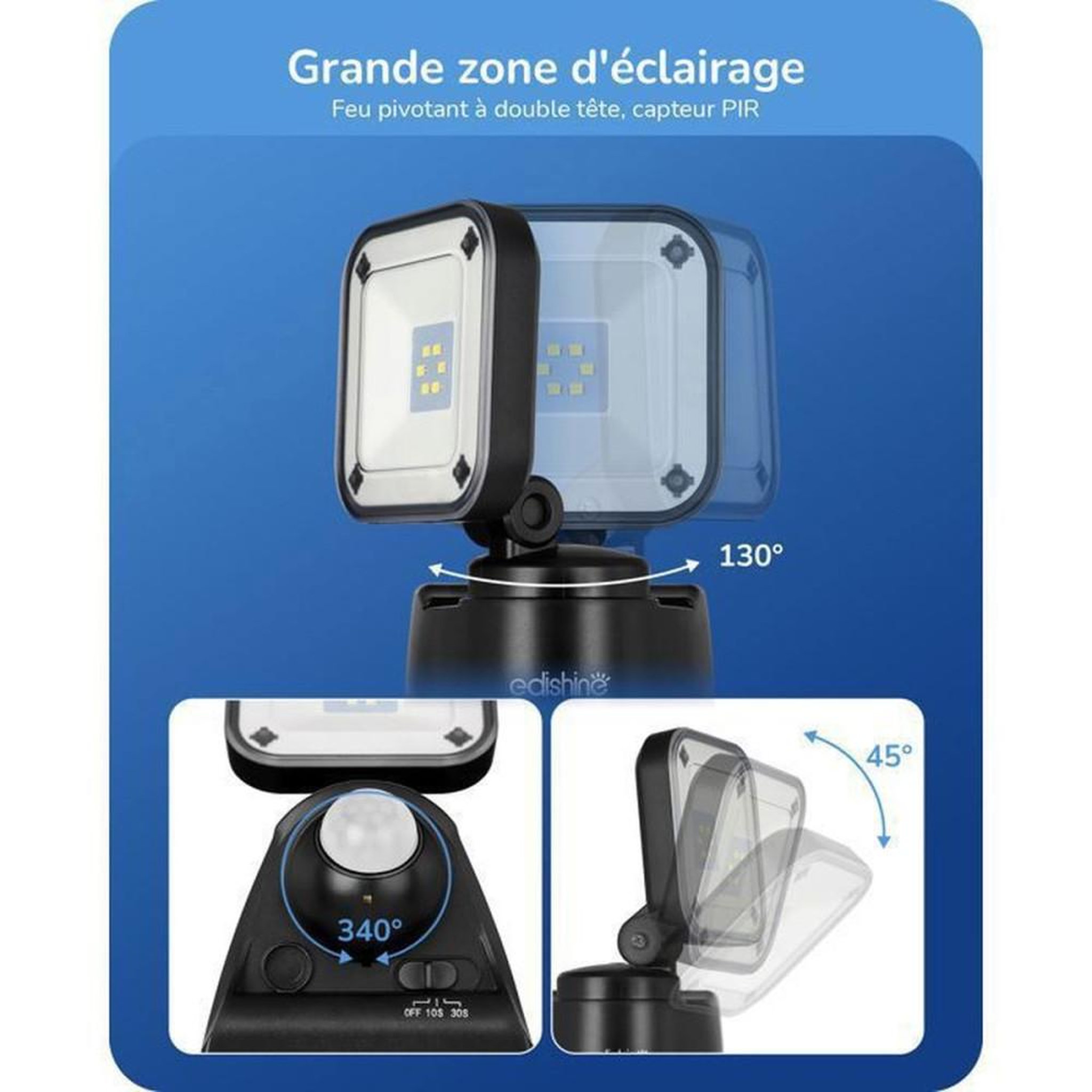 Voir la diapositive 2 : Lampe de sécurité LED extérieure sans fil à détecteur PIR IP44 300 lm blanc froid 6000 K tête orientable