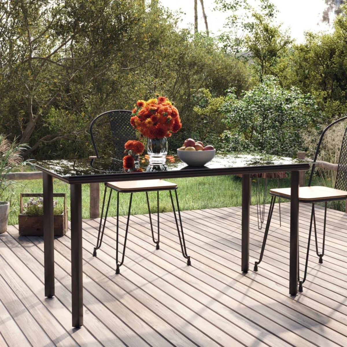 VIDAXL Table a dîner de jardin Noir 200x100x74cm Acier et verre trempe