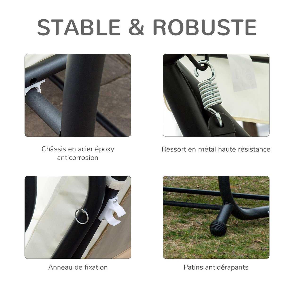 OUTSUNNY Balancelle de jardin 3 places convertible toit inclinaison réglable 2 tablettes support acier époxy gris polyester crème