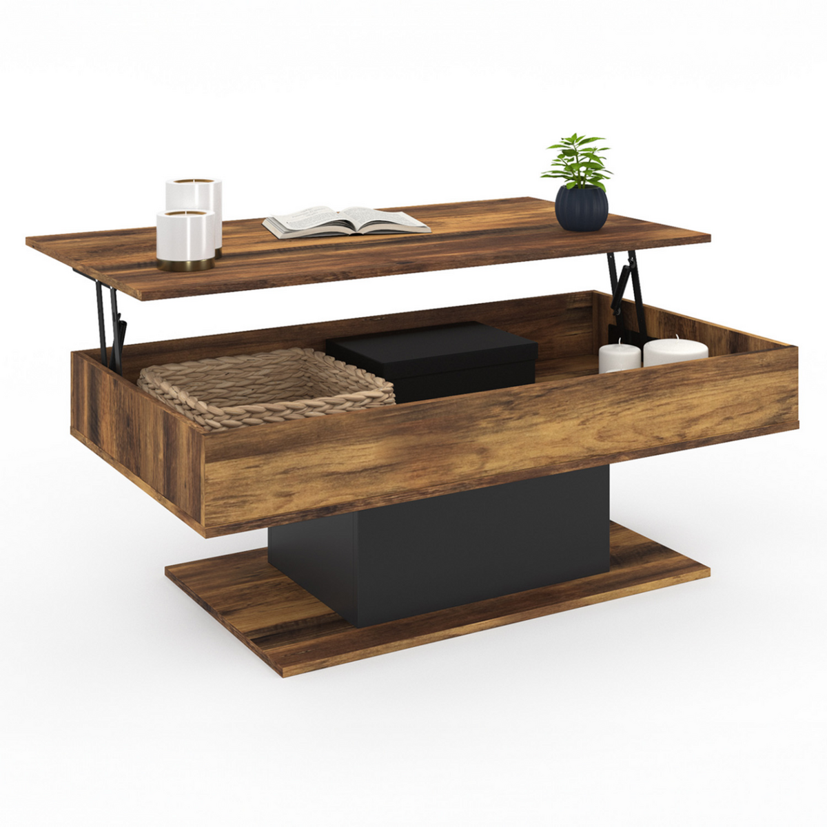 ID MARKET Table basse plateau relevable rectangulaire EDEN bois foncé effet vieilli et noir