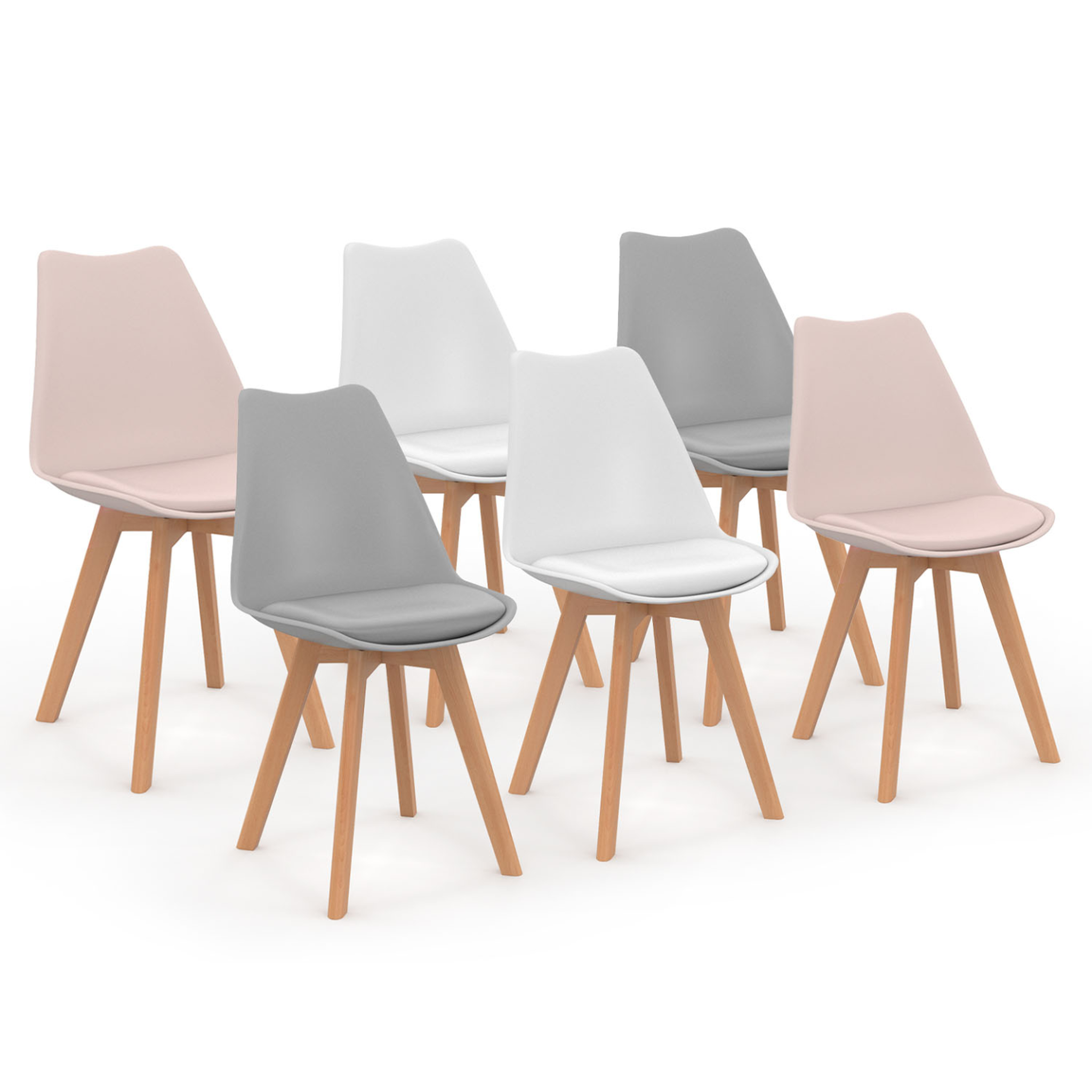 ID MARKET Lot de 6 chaises scandinaves sara mix color pastel rose x2, gris clair x2 et blanc x2